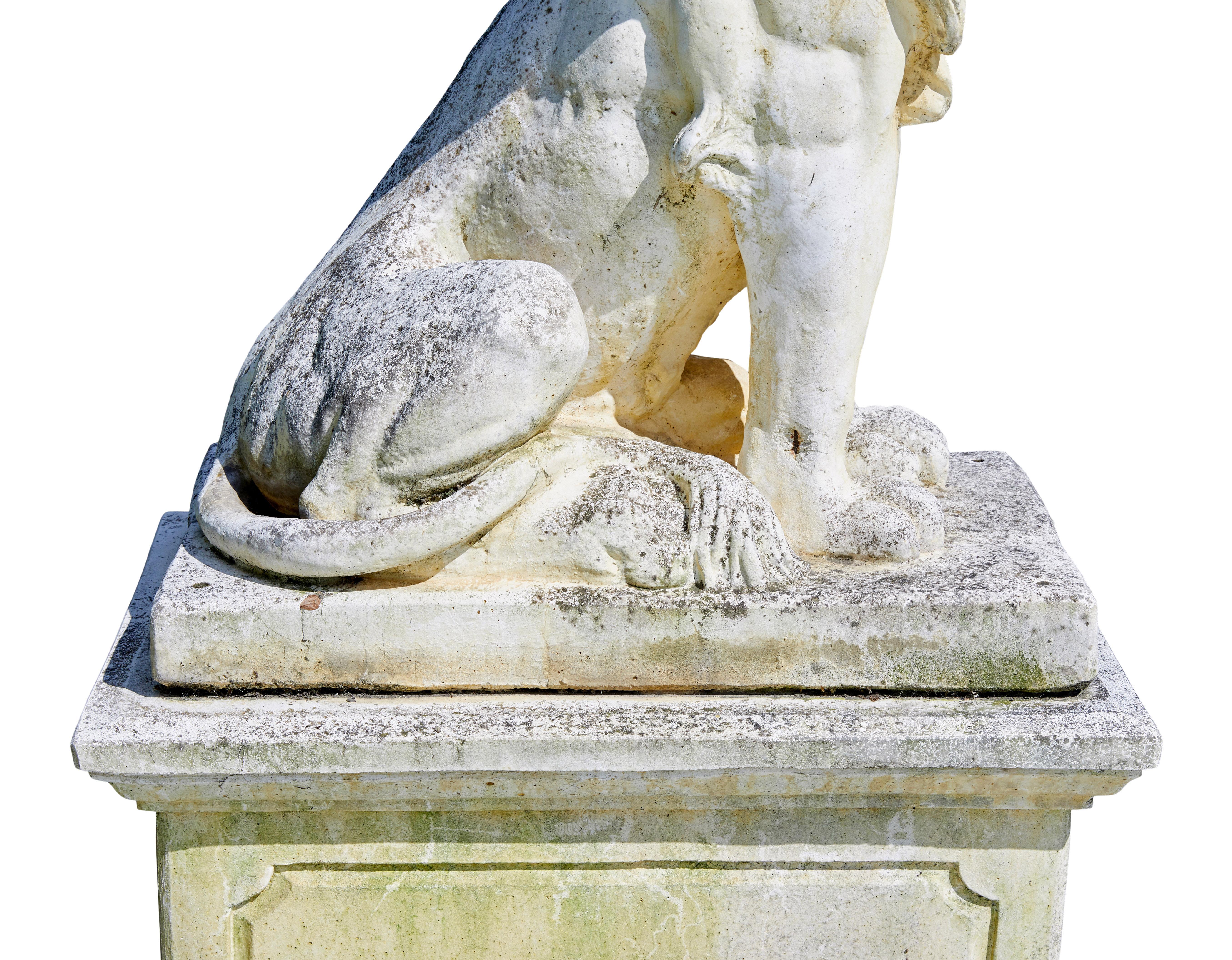 20th Century Fine pair of mid century carved stone lion statues For Sale