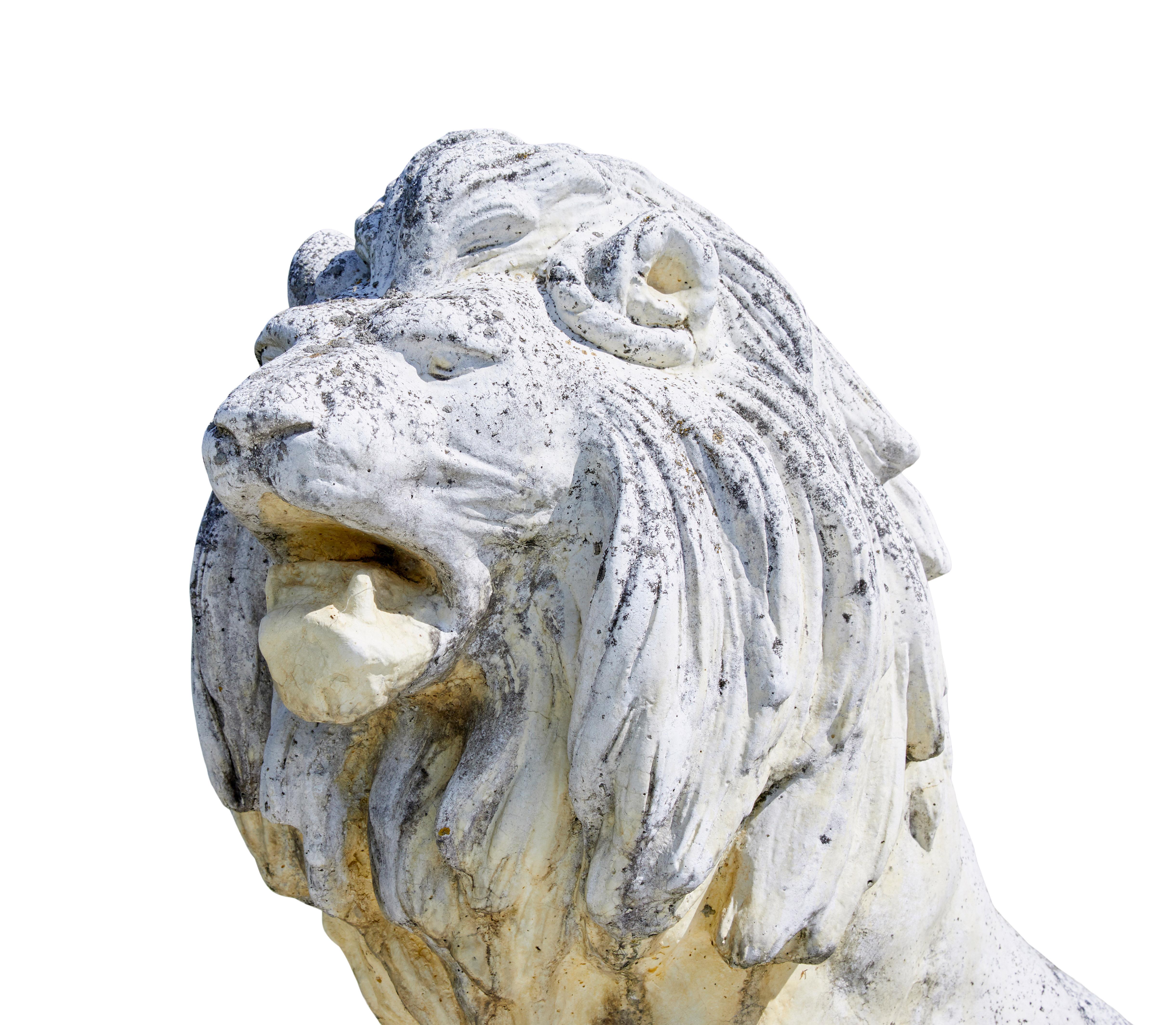 Fine pair of mid century carved stone lion statues For Sale 1