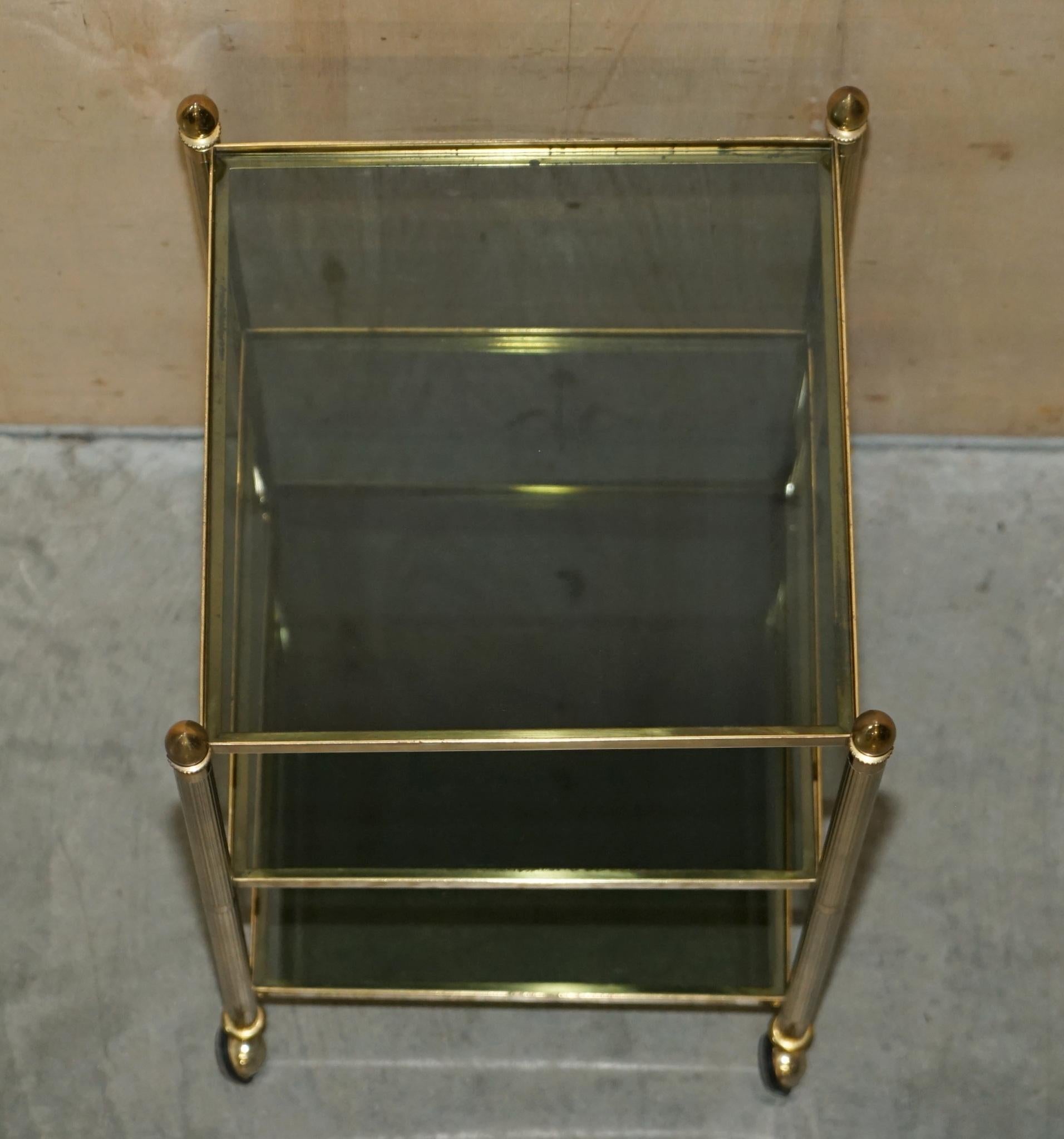 Fine Pair of Mid-Century Modern Brass and Smoked Glass Three Tier Etagere Tables For Sale 8