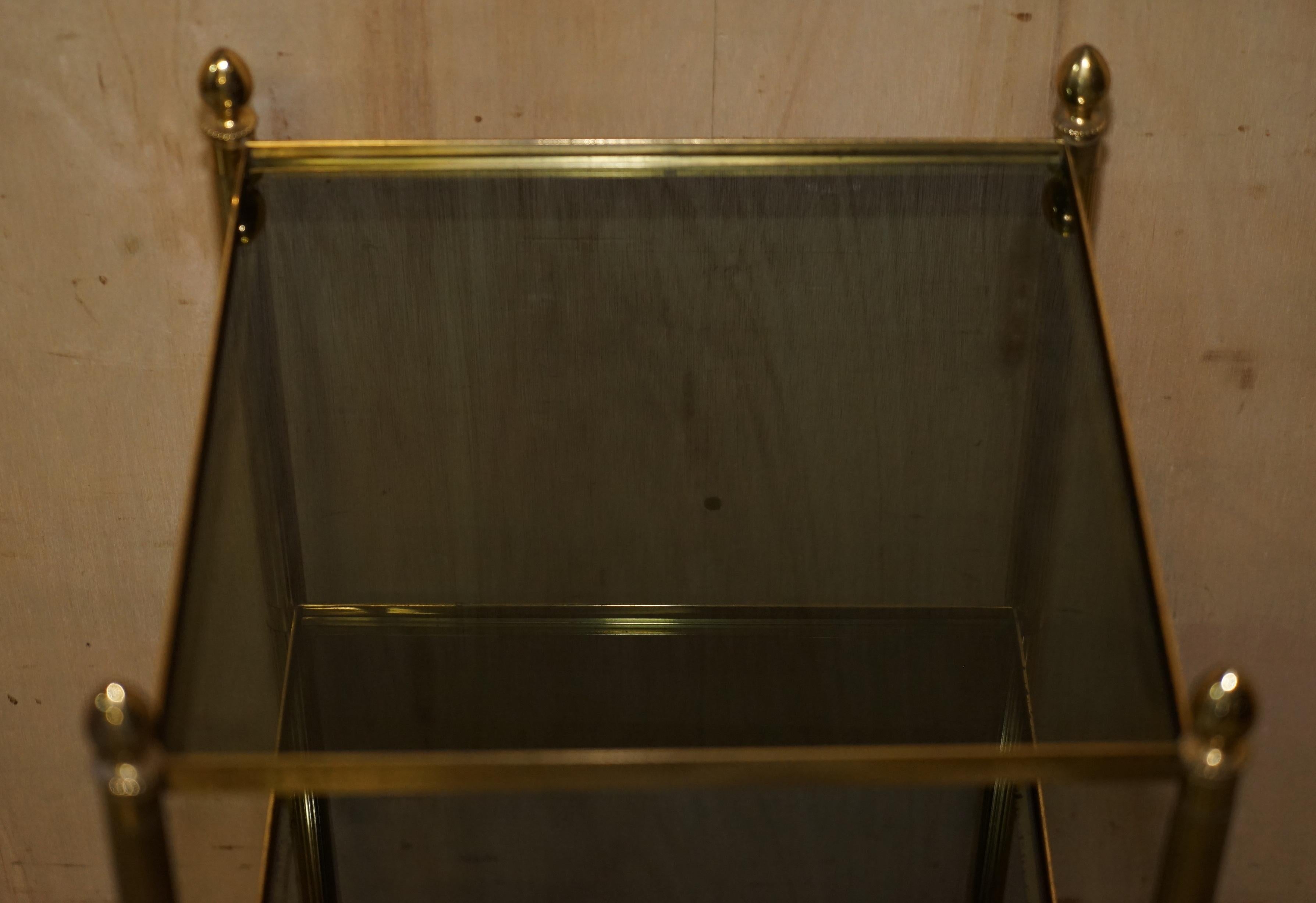 Fine Pair of Mid-Century Modern Brass and Smoked Glass Three Tier Etagere Tables For Sale 10