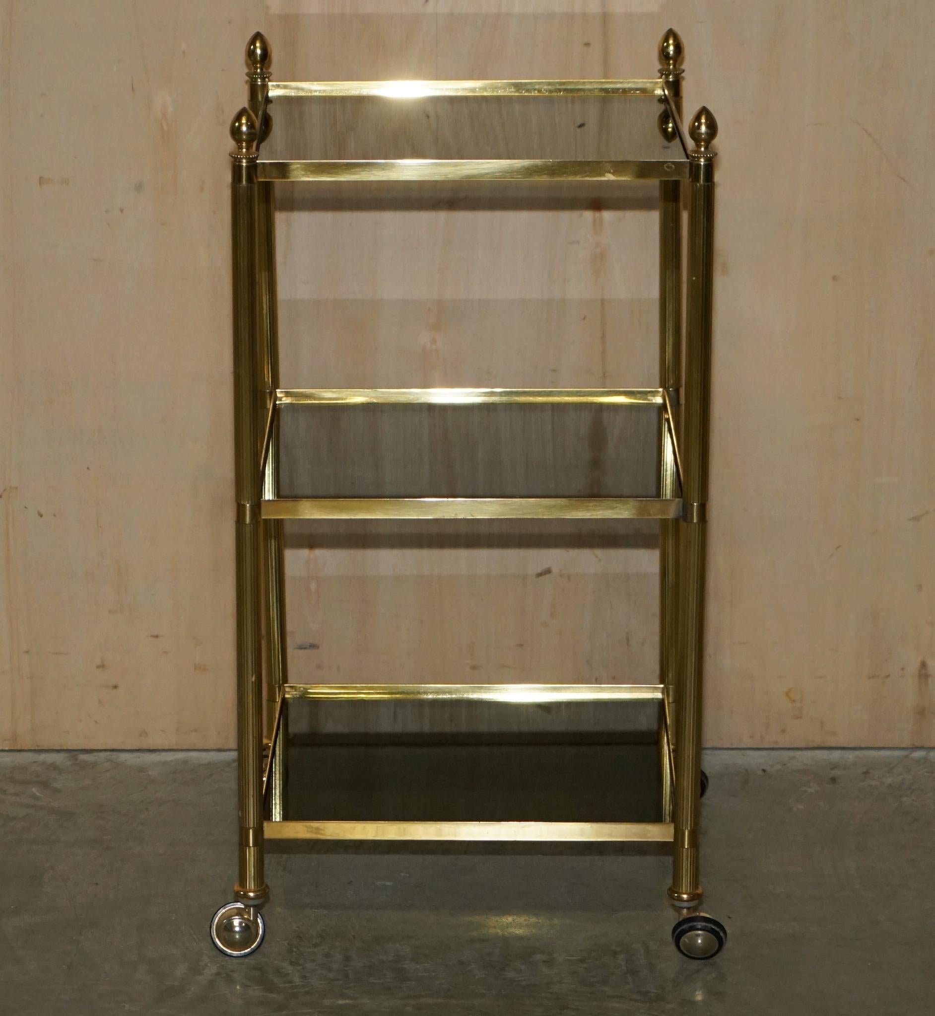 Fine Pair of Mid-Century Modern Brass and Smoked Glass Three Tier Etagere Tables For Sale 13