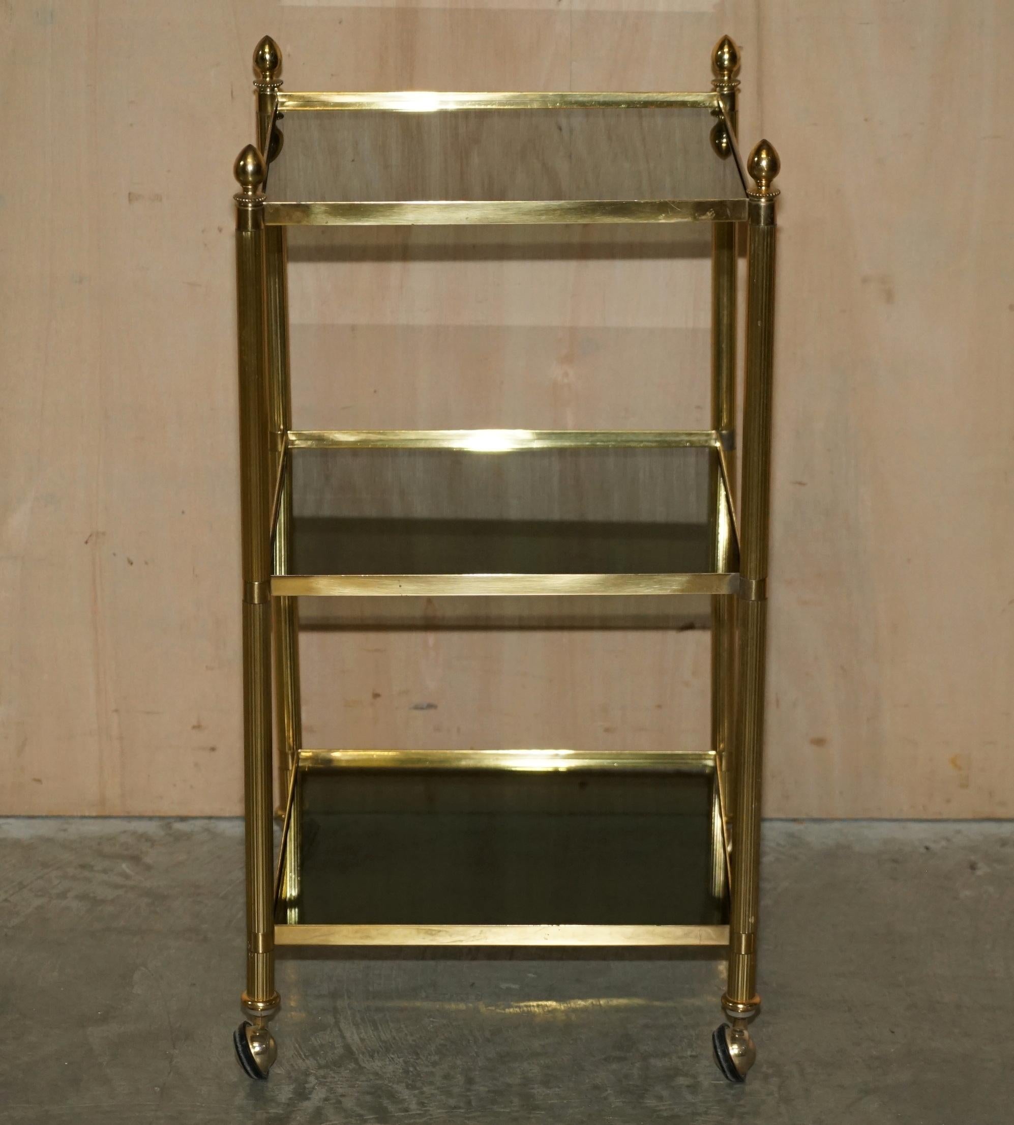 Fine Pair of Mid-Century Modern Brass and Smoked Glass Three Tier Etagere Tables For Sale 14