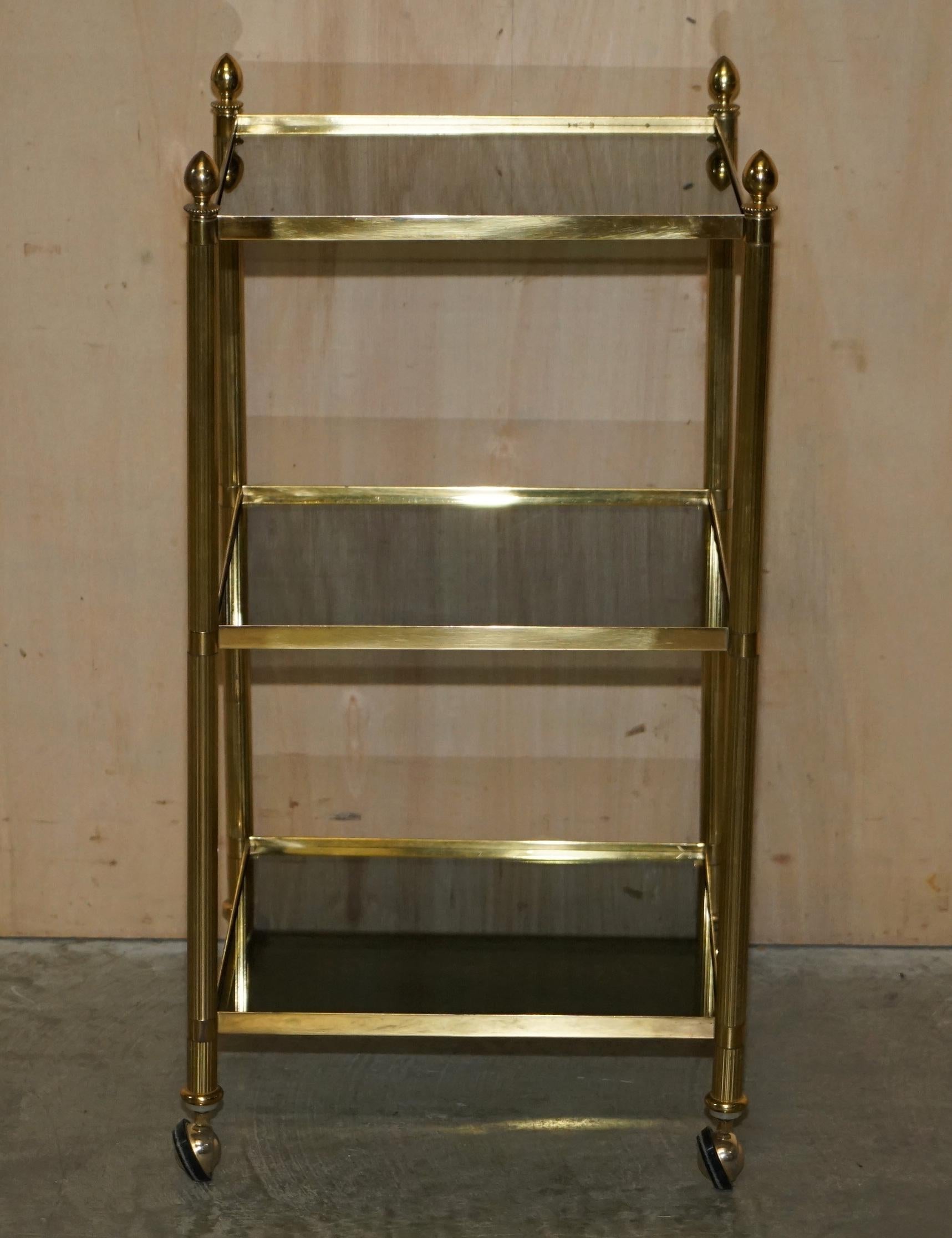 French Fine Pair of Mid-Century Modern Brass and Smoked Glass Three Tier Etagere Tables For Sale