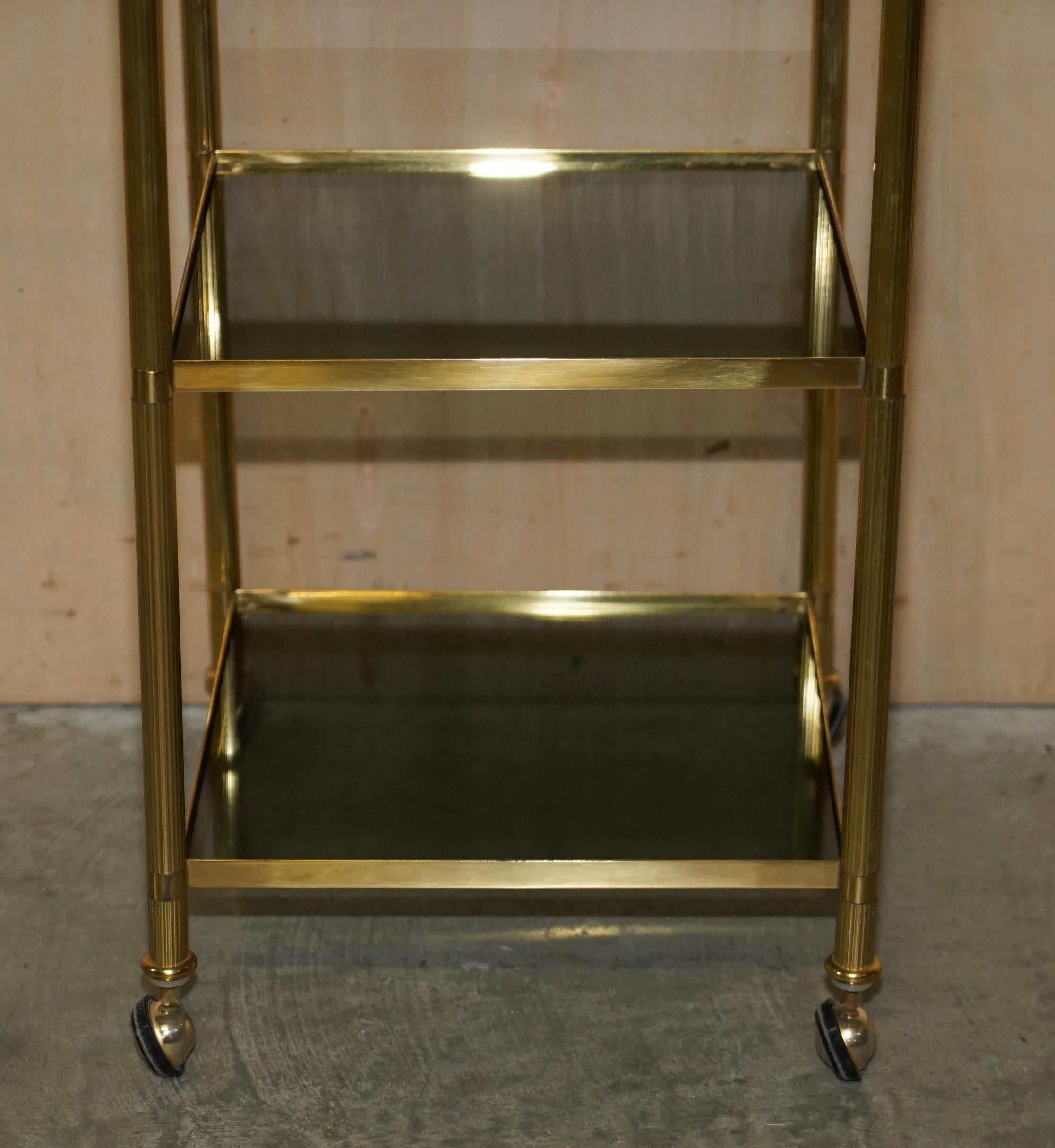20th Century Fine Pair of Mid-Century Modern Brass and Smoked Glass Three Tier Etagere Tables For Sale