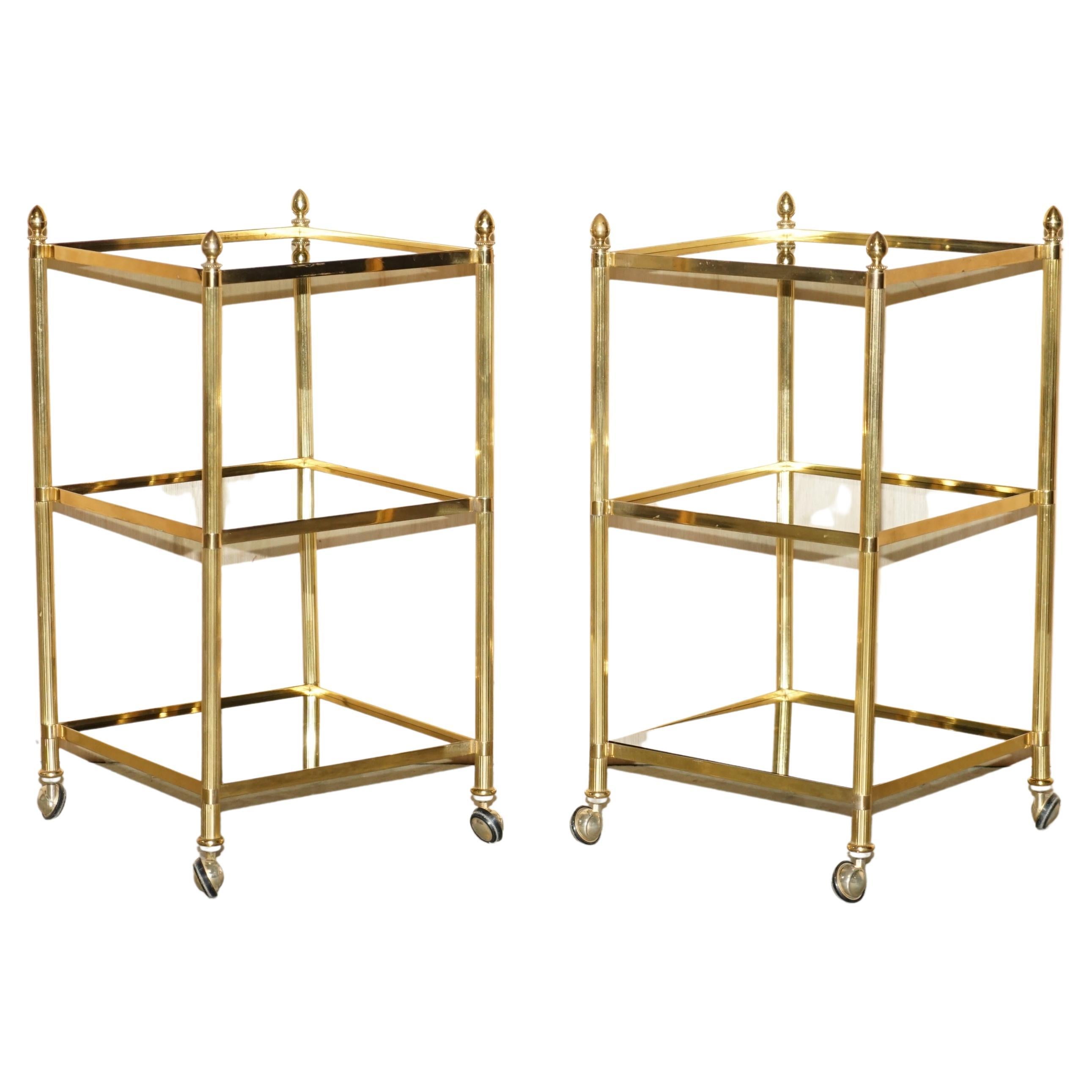 Fine Pair of Mid-Century Modern Brass and Smoked Glass Three Tier Etagere Tables For Sale