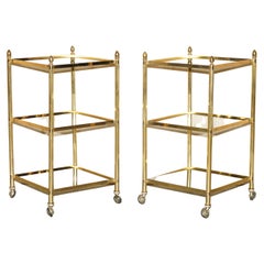 Fine Pair of Mid-Century Modern Brass and Smoked Glass Three Tier Etagere Tables
