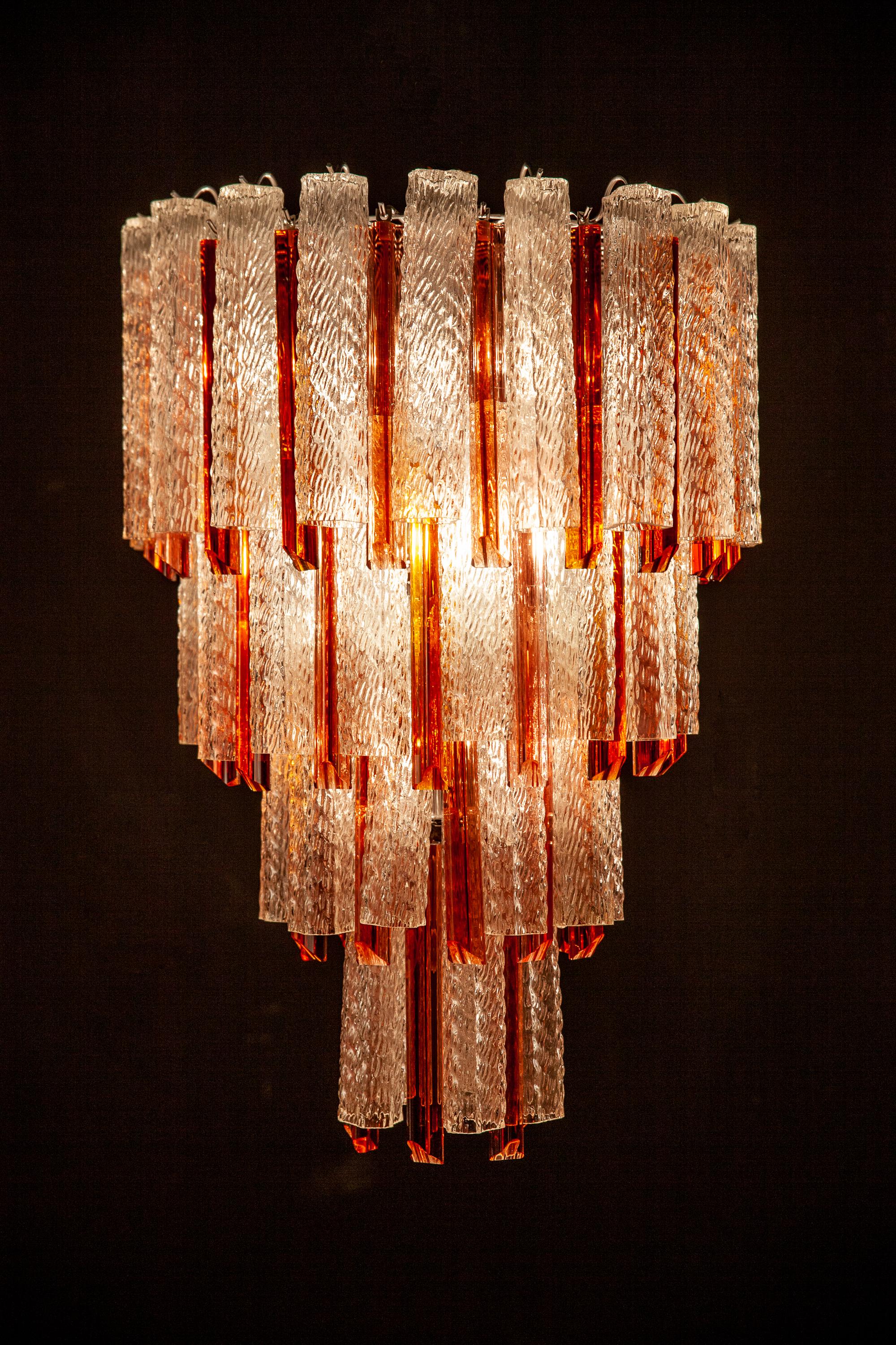 Mid-Century Modern Fine Pair of Midcentury Murano Glass Tronchi Four-Tier Chandelier, 1960 For Sale