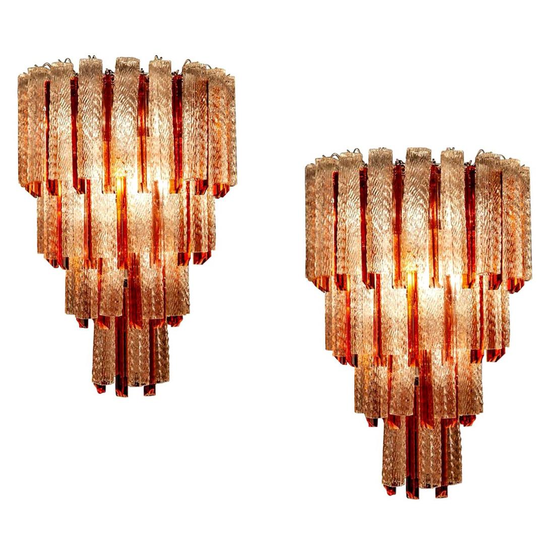 Fine Pair of Midcentury Murano Glass Tronchi Four-Tier Chandelier, 1960 For Sale
