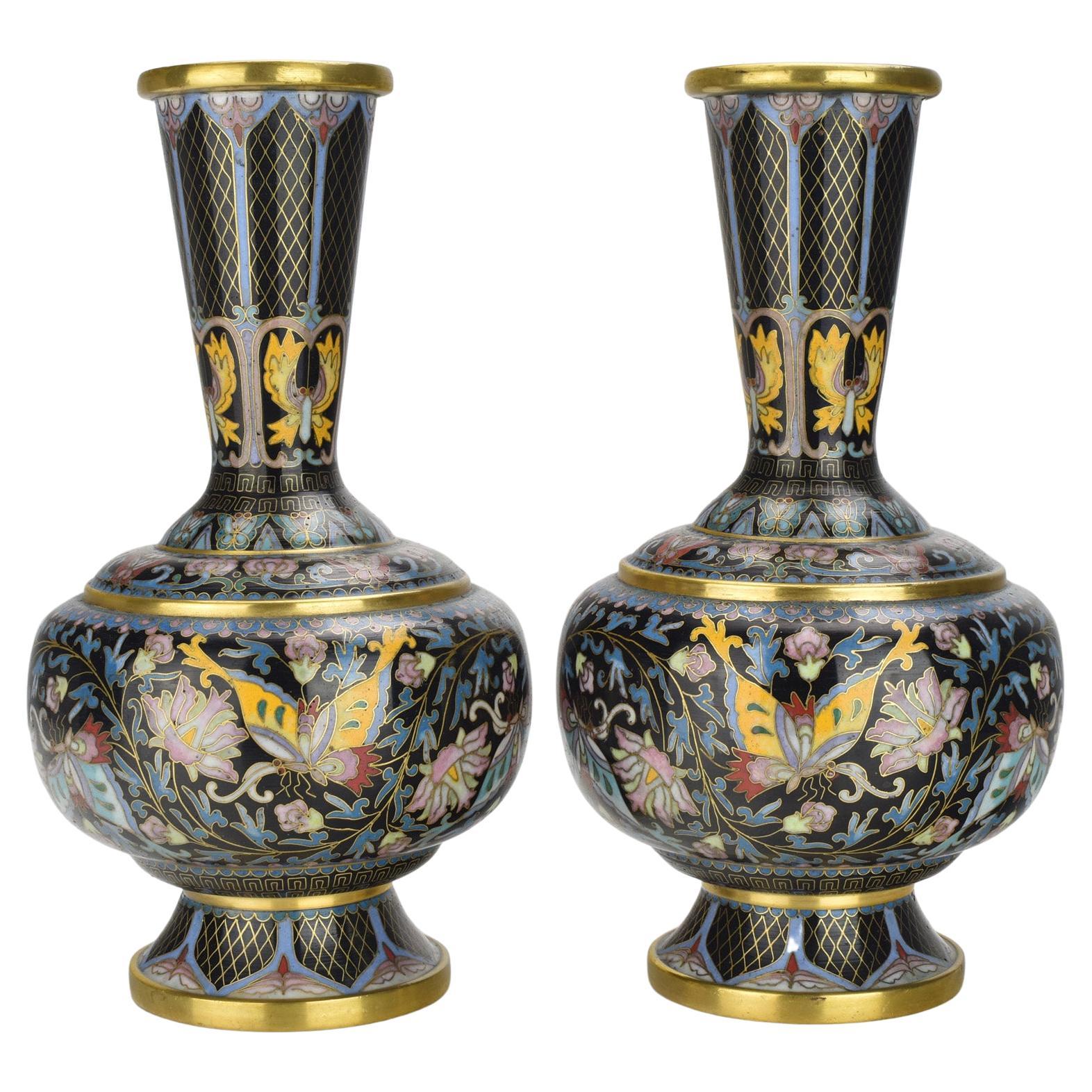 Fine Pair of Mirrored Gilt Cloisonne Enamel Butterfly Vases China For Sale