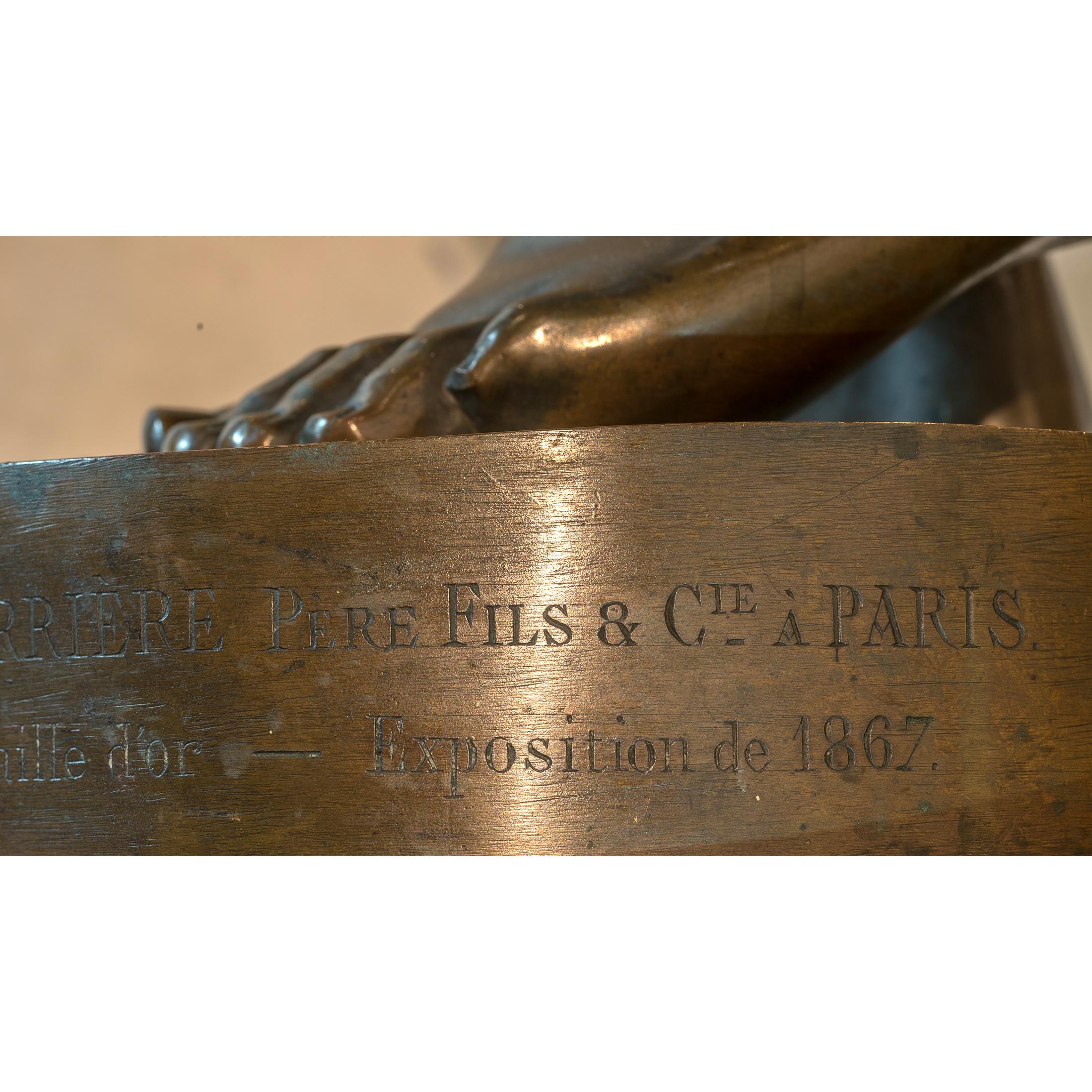 Paire de torchères monumentales figuratives en bronze patiné d'exposition, 1867 en vente 7