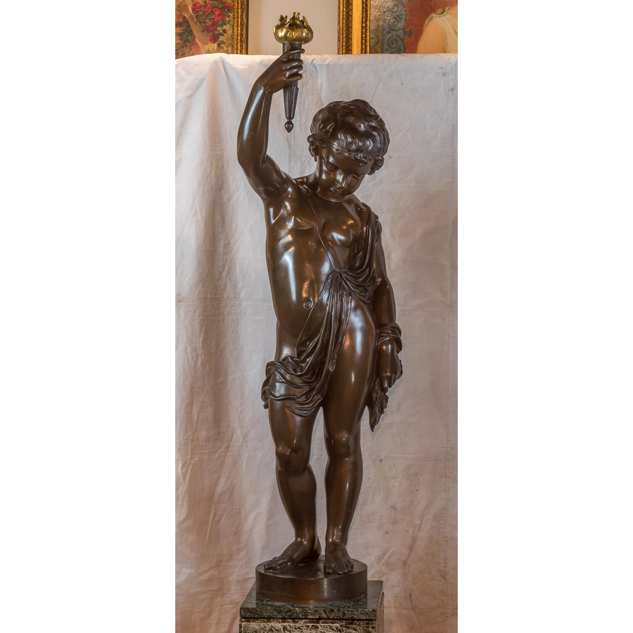 19th Century Exposition Pair of Monumental Patinated Bronze Figural Torchères, 1867 For Sale