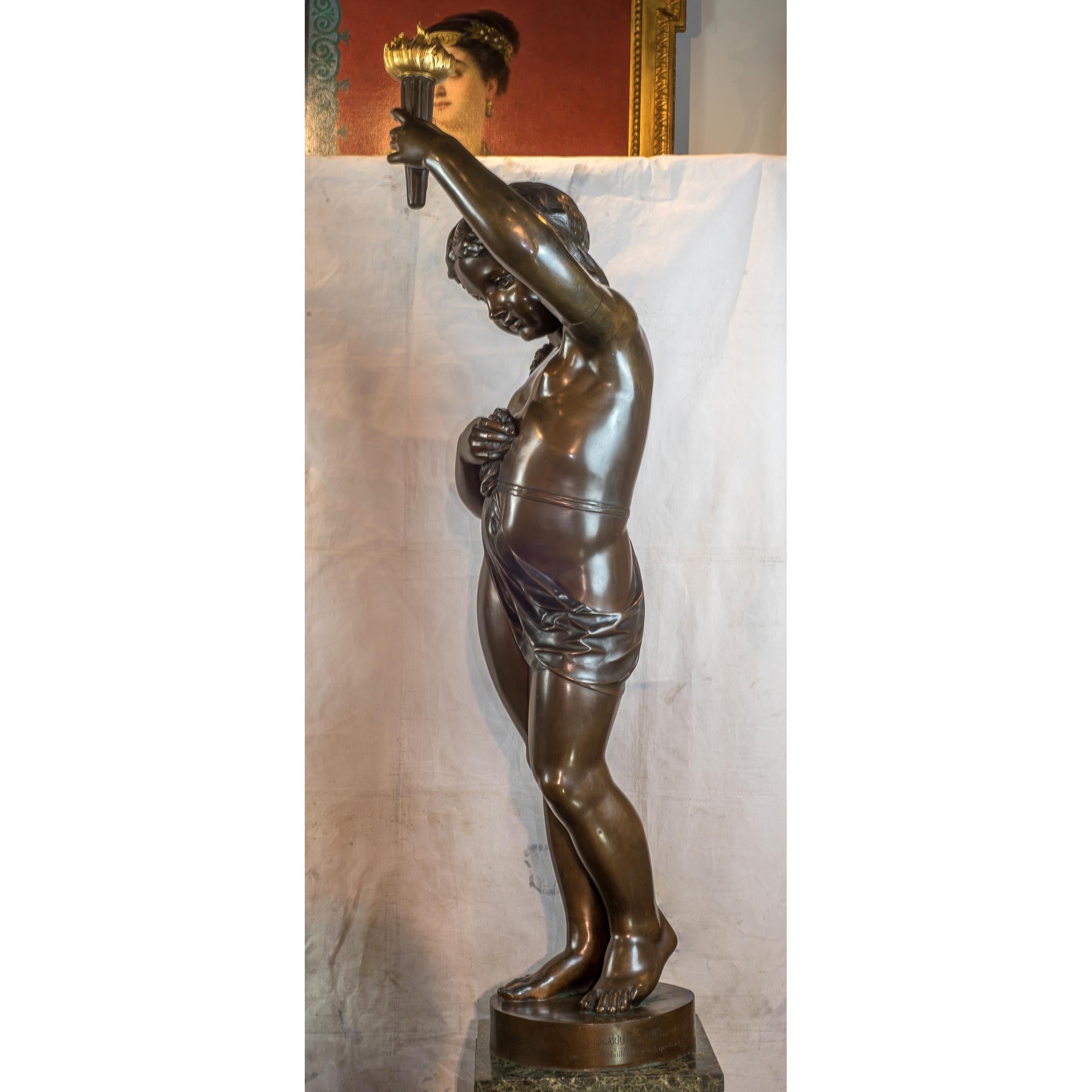 Bronze Paire de torchères monumentales figuratives en bronze patiné d'exposition, 1867 en vente