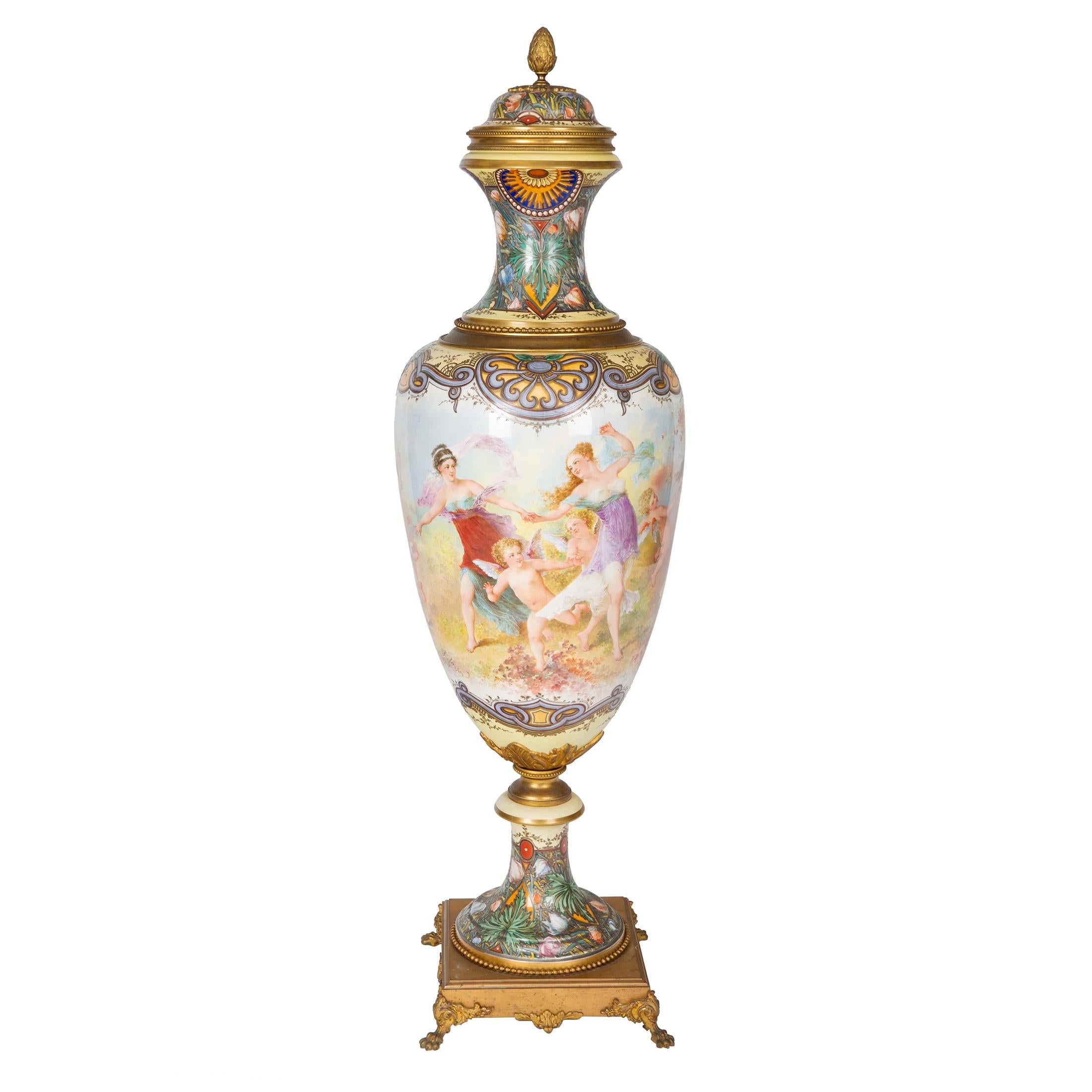  Pair of Monumental Sèvres and Gilt Bronze-Mounted Vase by Fuchs For Sale 7