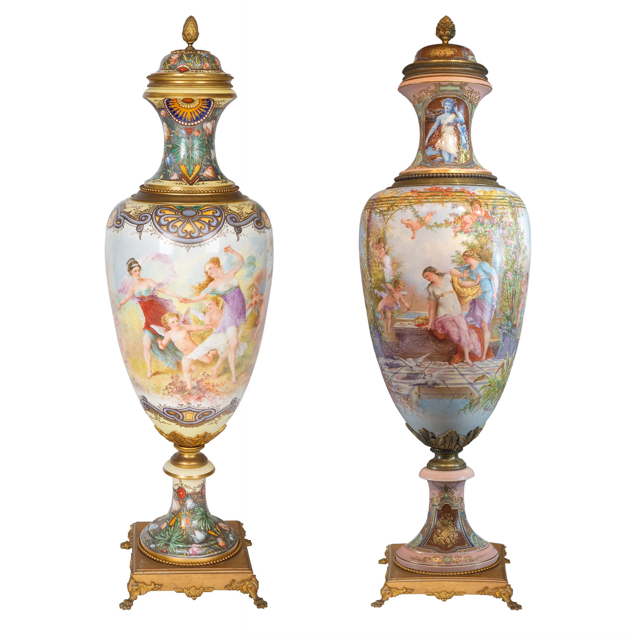 The spectacular Sèvres urn is magnificently painted with two beautiful maidens at a well surrounded by vegetation and several cupids, signed ‘Ch. Fuchs’.

The other a stunning monumental gilt bronze-mounted Sèvres style vase and cover, painted