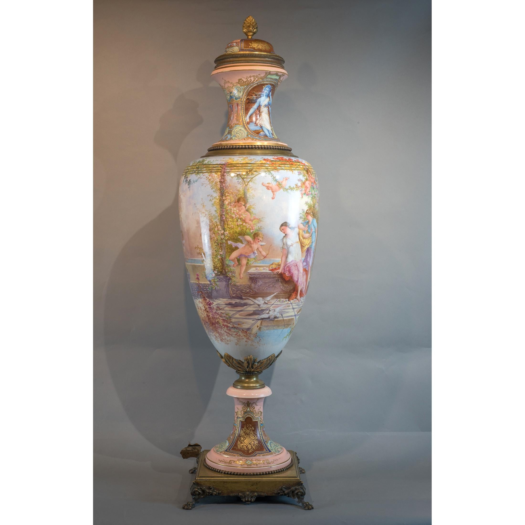  Pair of Monumental Sèvres and Gilt Bronze-Mounted Vase by Fuchs In Good Condition For Sale In New York, NY