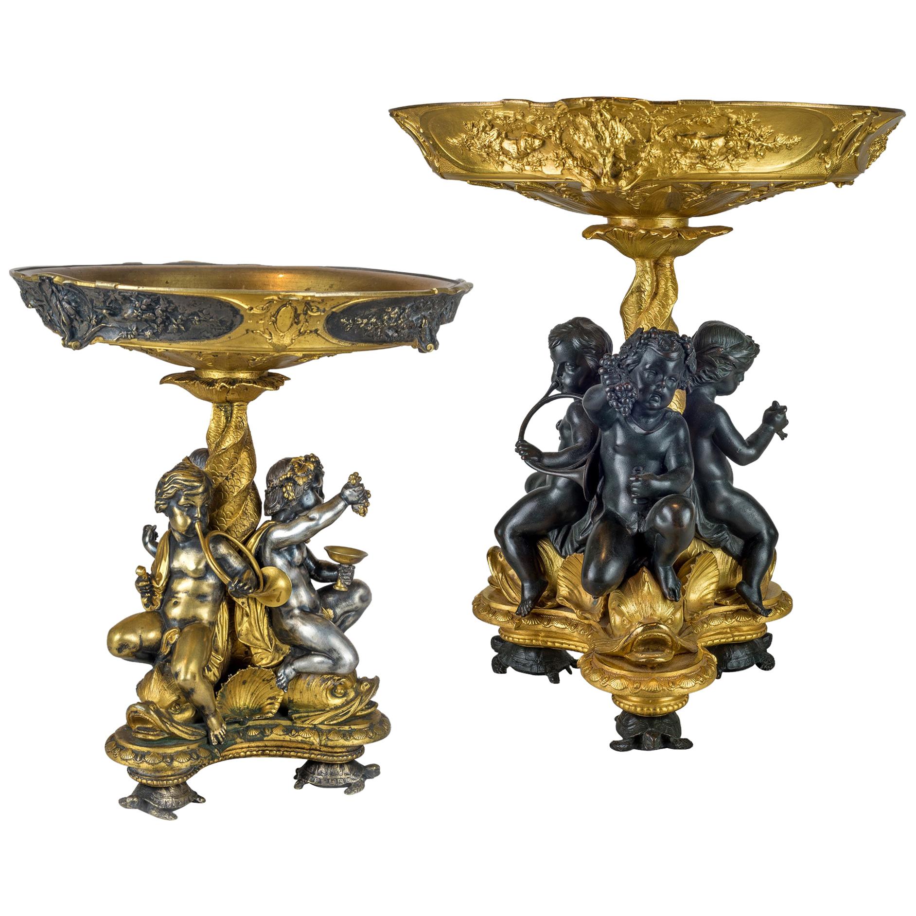 Fine Quality Match Pair of Napoleon III Silvered and Gilt Bronze Figural Tazza