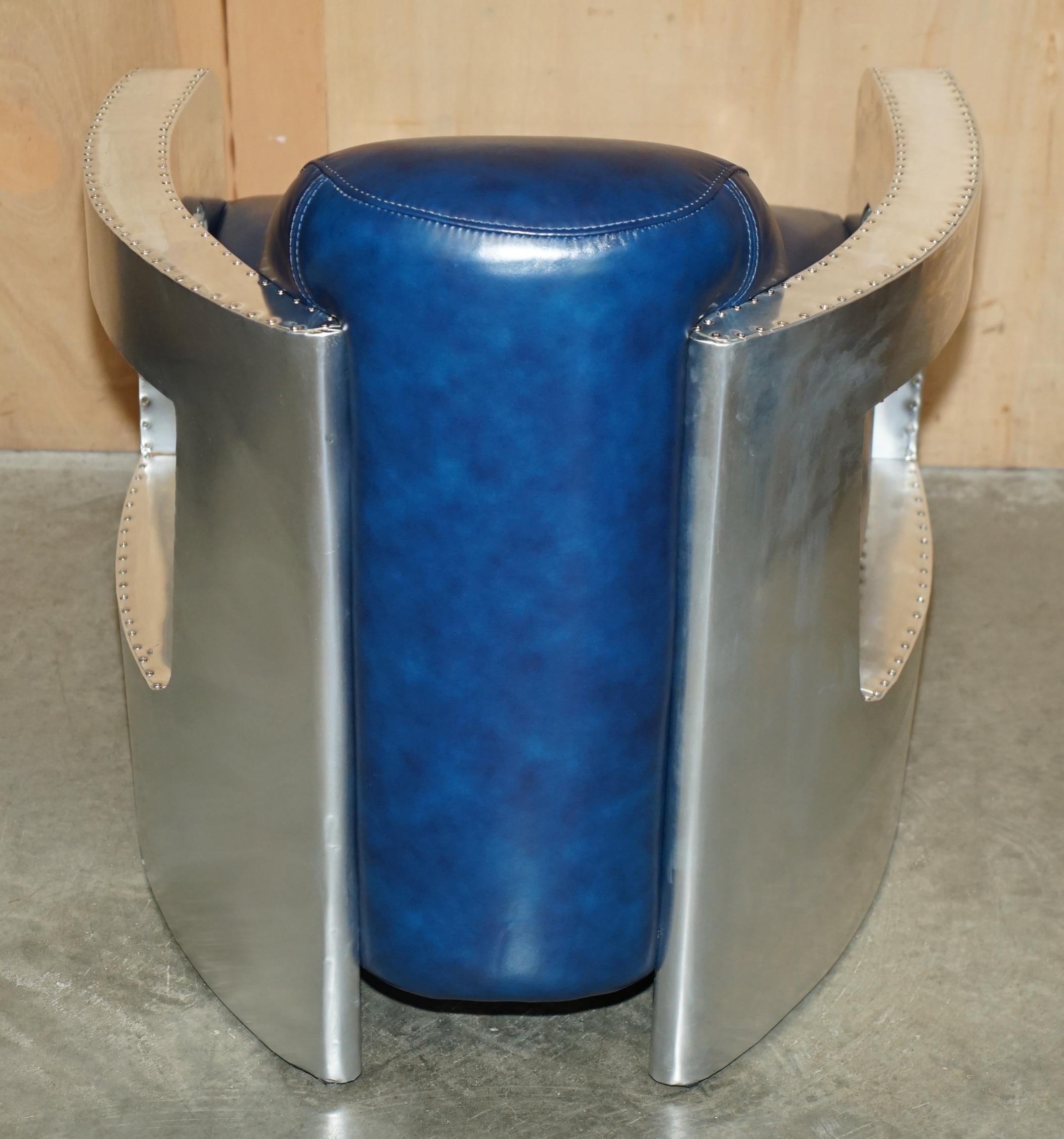 UN BEL PAIO DI POLTRONE AVIATOR ROCKET IN PELLE BLU NAPOLEONICA E ALLUMINIO LUCIDO in vendita 3