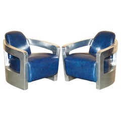 UN BEL PAIO DI POLTRONE AVIATOR ROCKET IN PELLE BLU NAPOLEONICA E ALLUMINIO LUCIDO