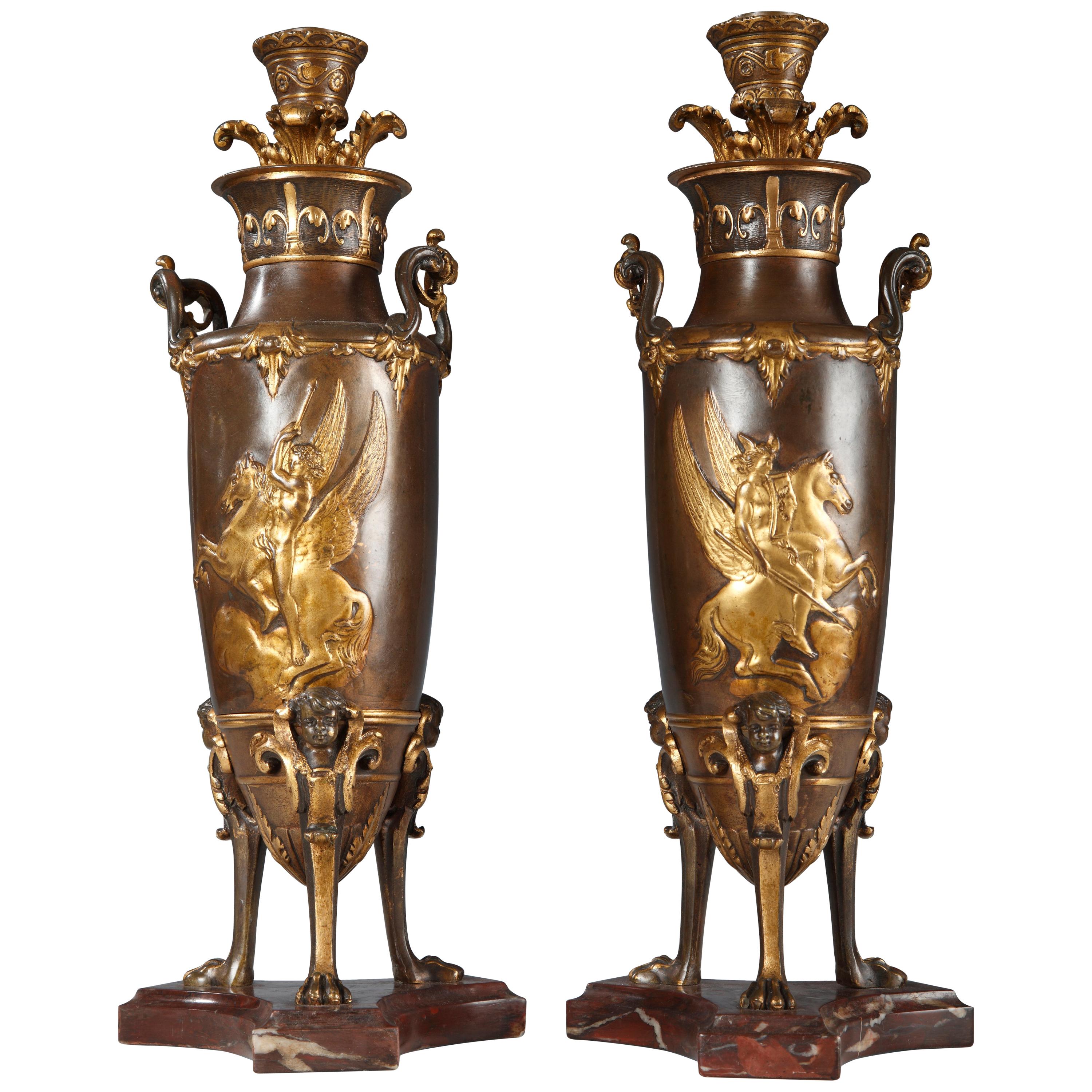 Paire de vases-bougeoirs néo-grecs attribués à Barbedienne et Levillain, vers 1880 en vente