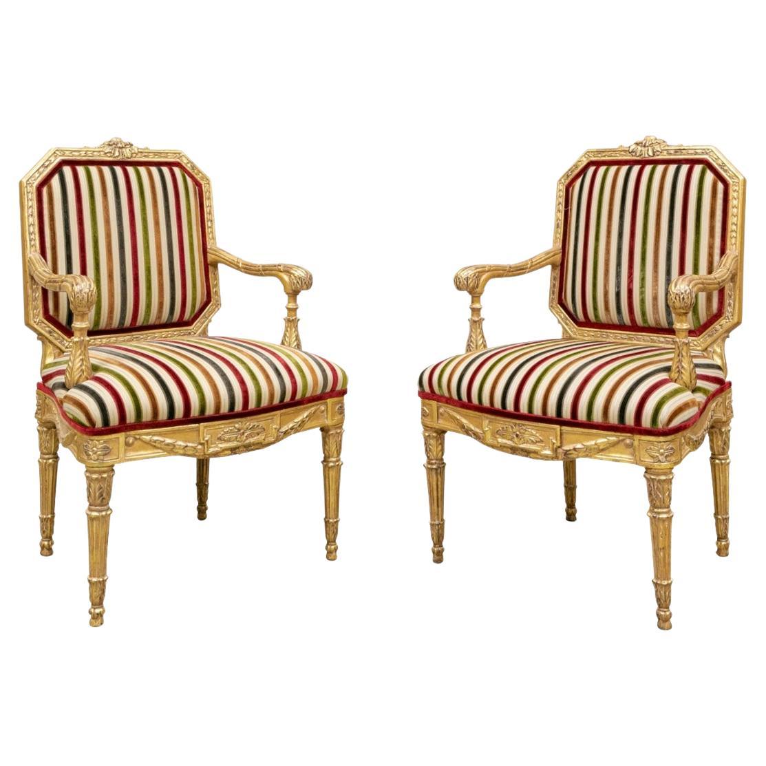 Fine Pair of Neoclassical Carved and Gilt Fauteuils by Michael Taylor Designs In For Sale