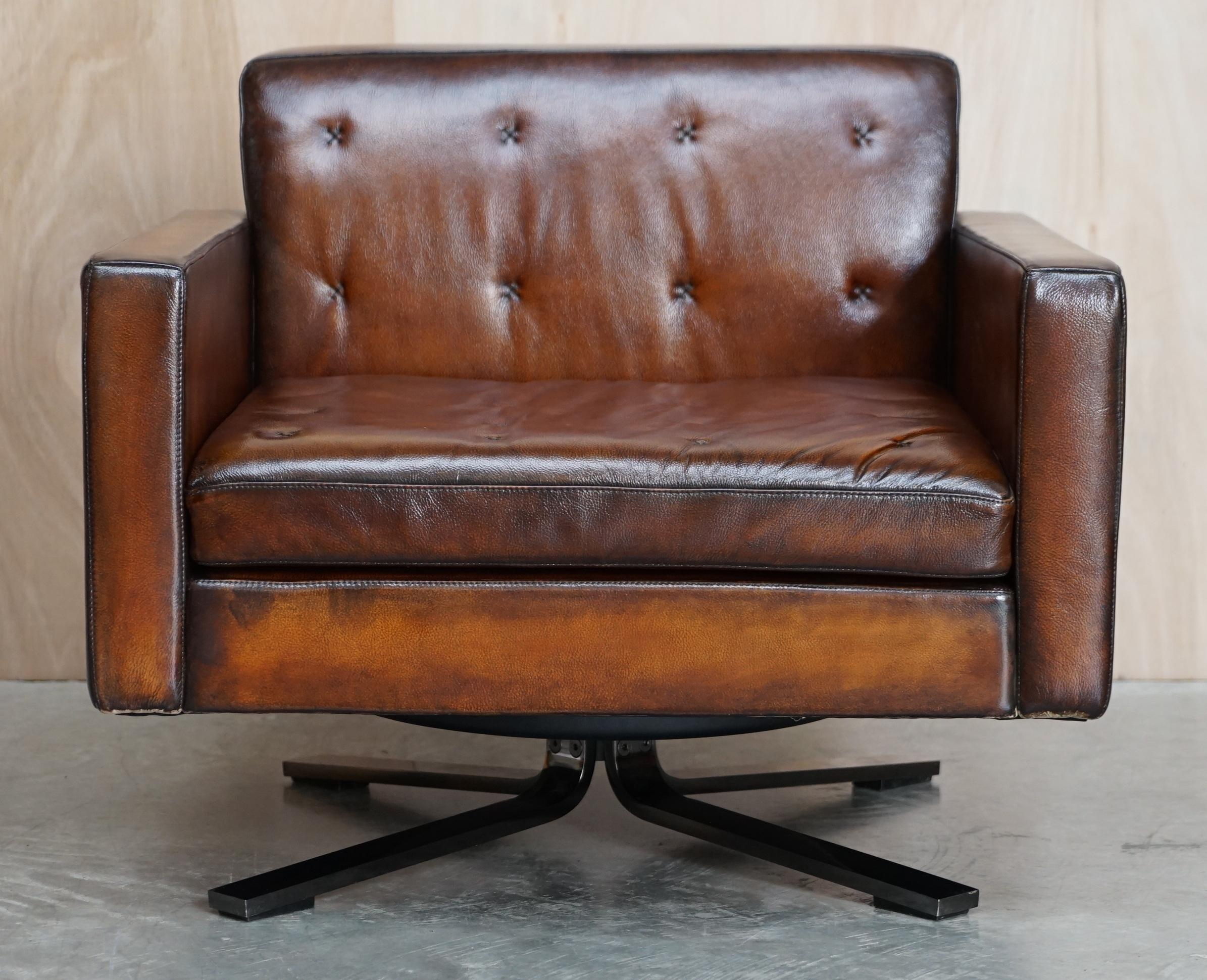 Mid-Century Modern Fine Pair of One of a Kind Poltrona Frau Kennedee Brown Leather Swivel Armchairs