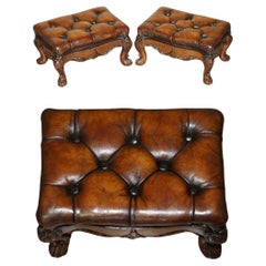 FINE PAIR OF ORNATE HAND CARVED VICTORIAN BROWN LEATHER CHESTERFIELD FOOTSTOOLs
