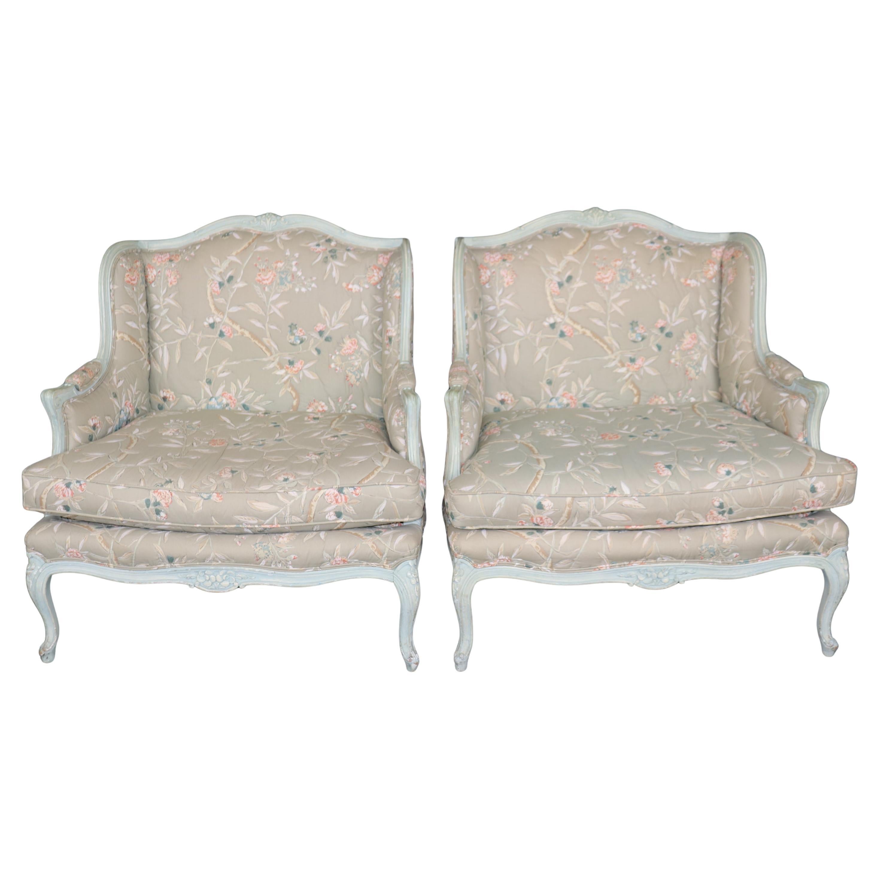 Fine Pair of Paint Decorated French Louis XV Style Marquis Bergere Chairs