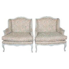 Fine Pair of Paint Decorated French Louis XV Style Marquis Bergere Chairs