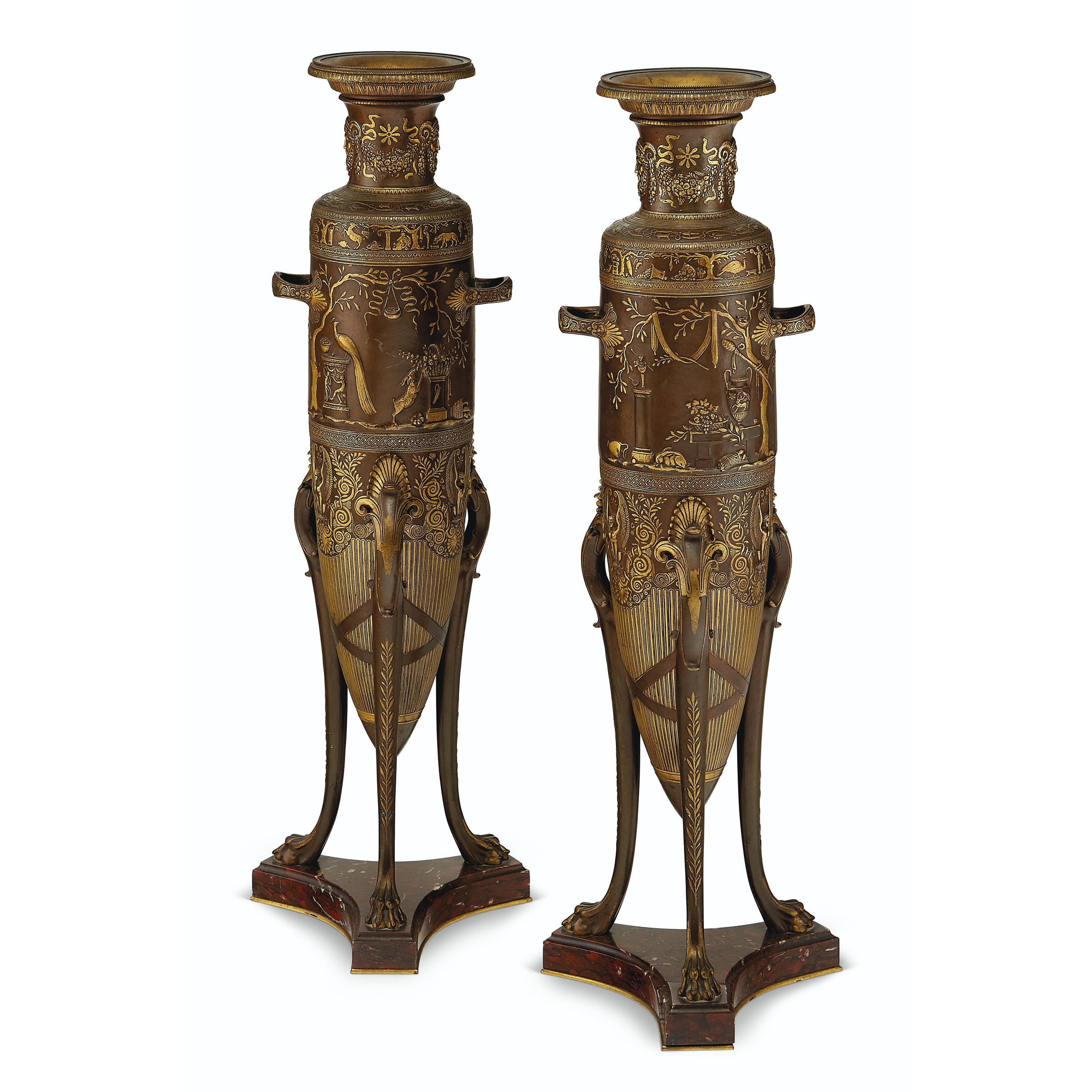 Fine pair of parcel-gilt and patinated bronze neo-grec bronze vases and rouge griotte marble. Designed by Ferdinand Levillain, cast by Ferdinand Barbedienne. Signed 'F. LEVILLAIN' , with foundry inscription 'F. BARBEDIENNE'

Origin: French
Date: