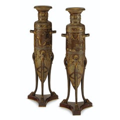 Fine Pair of Parcel-Gilt and Patinated Bronze Neo-Grec Bronze Barbedienne Vases