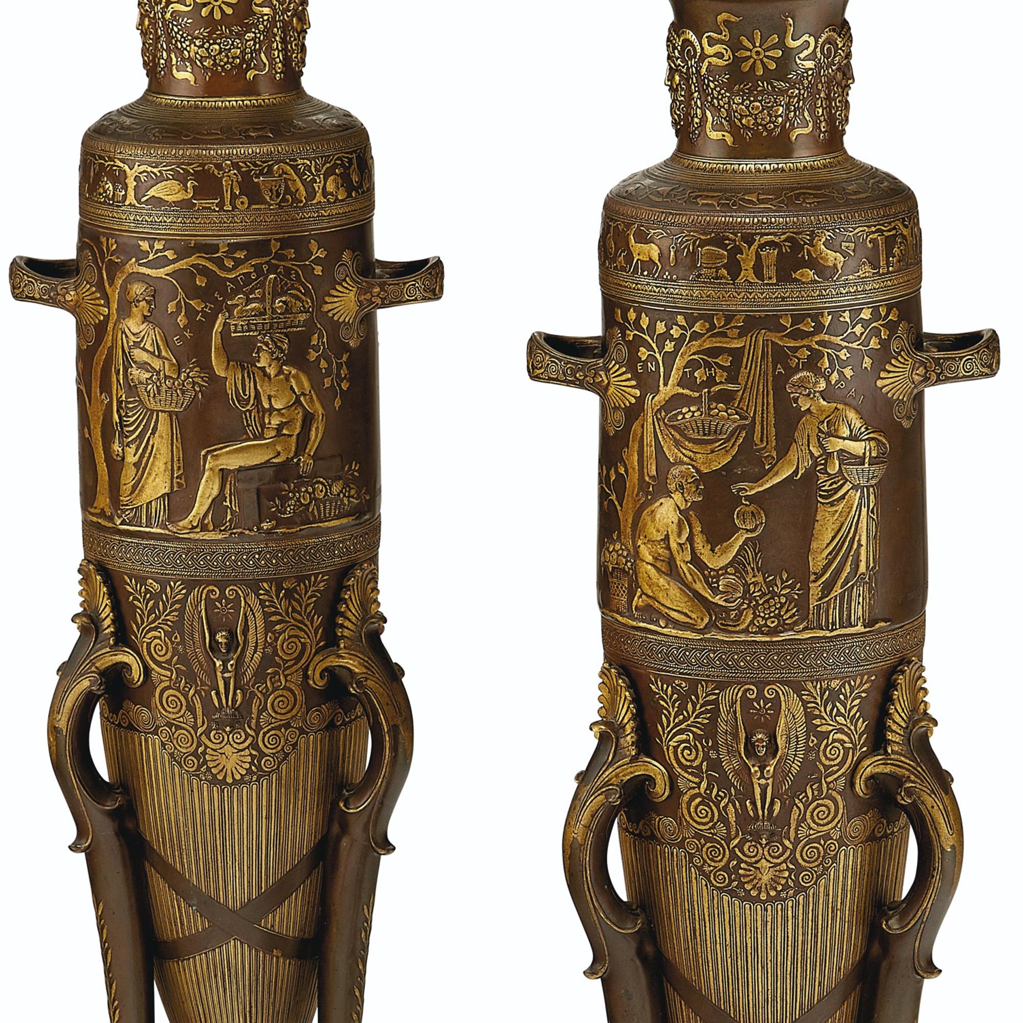 French Fine Pair of Parcel-Gilt and Patinated Bronze Neo-Grec Bronze Barbedienne Vases For Sale