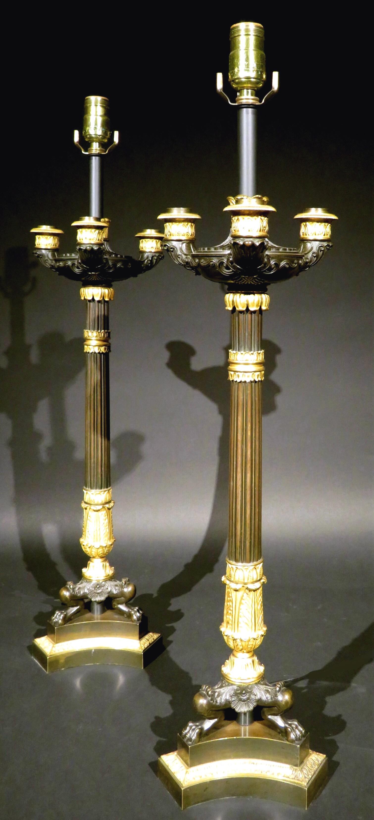 French A Very Fine Pair of Empire Parcel Gilt Bronze Three Light Candelabra / Lamps For Sale