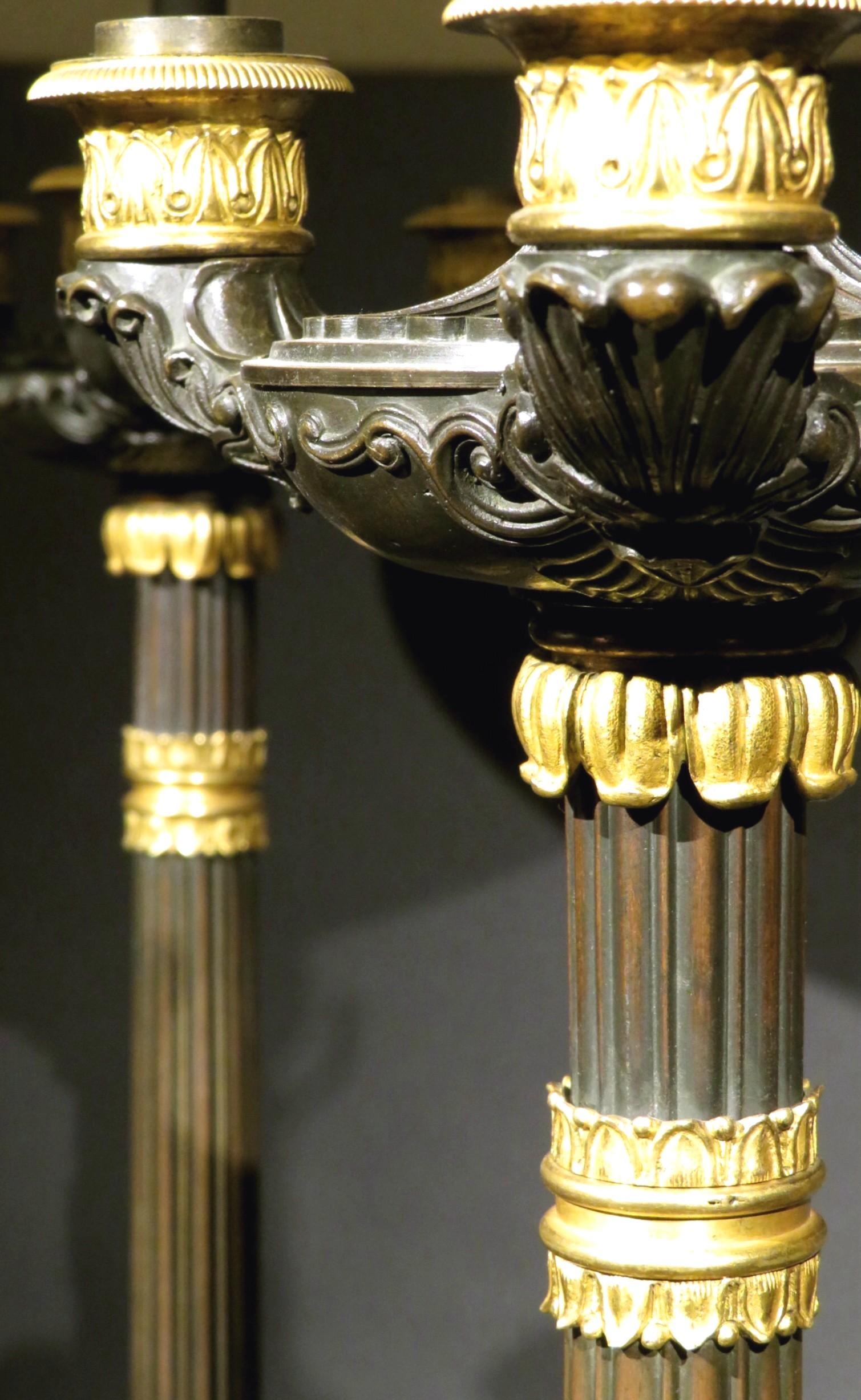 19th Century A Very Fine Pair of Empire Parcel Gilt Bronze Three Light Candelabra / Lamps For Sale