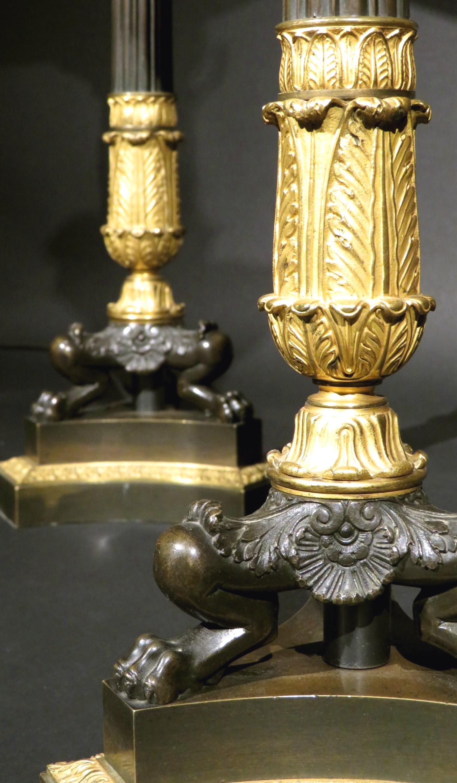 A Very Fine Pair of Empire Parcel Gilt Bronze Three Light Candelabra / Lamps For Sale 1