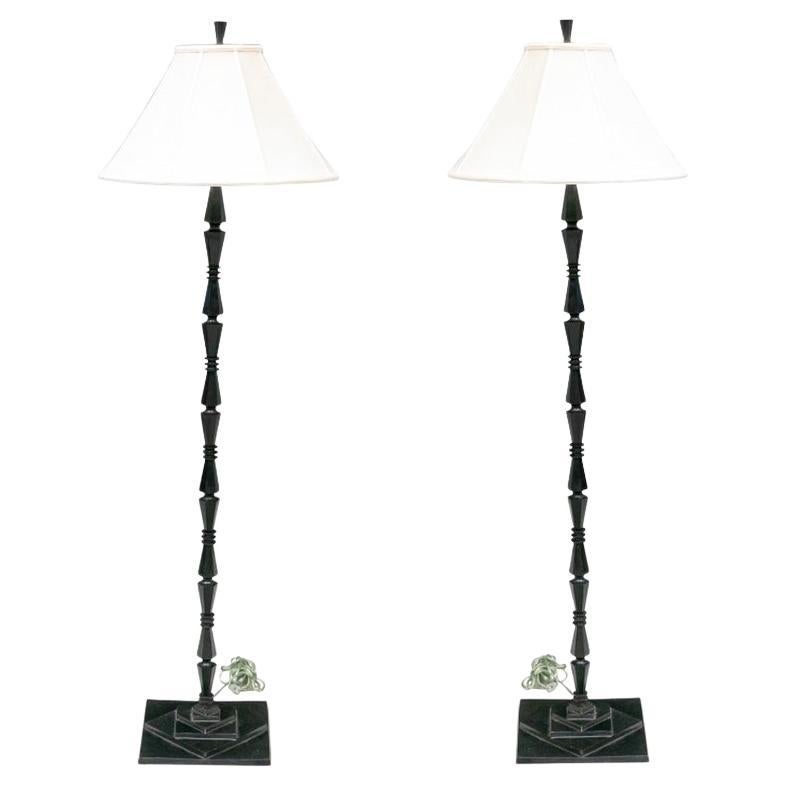 Fine Pair of Patinated Bronze Floor Lamps by Jamie Young For Sale