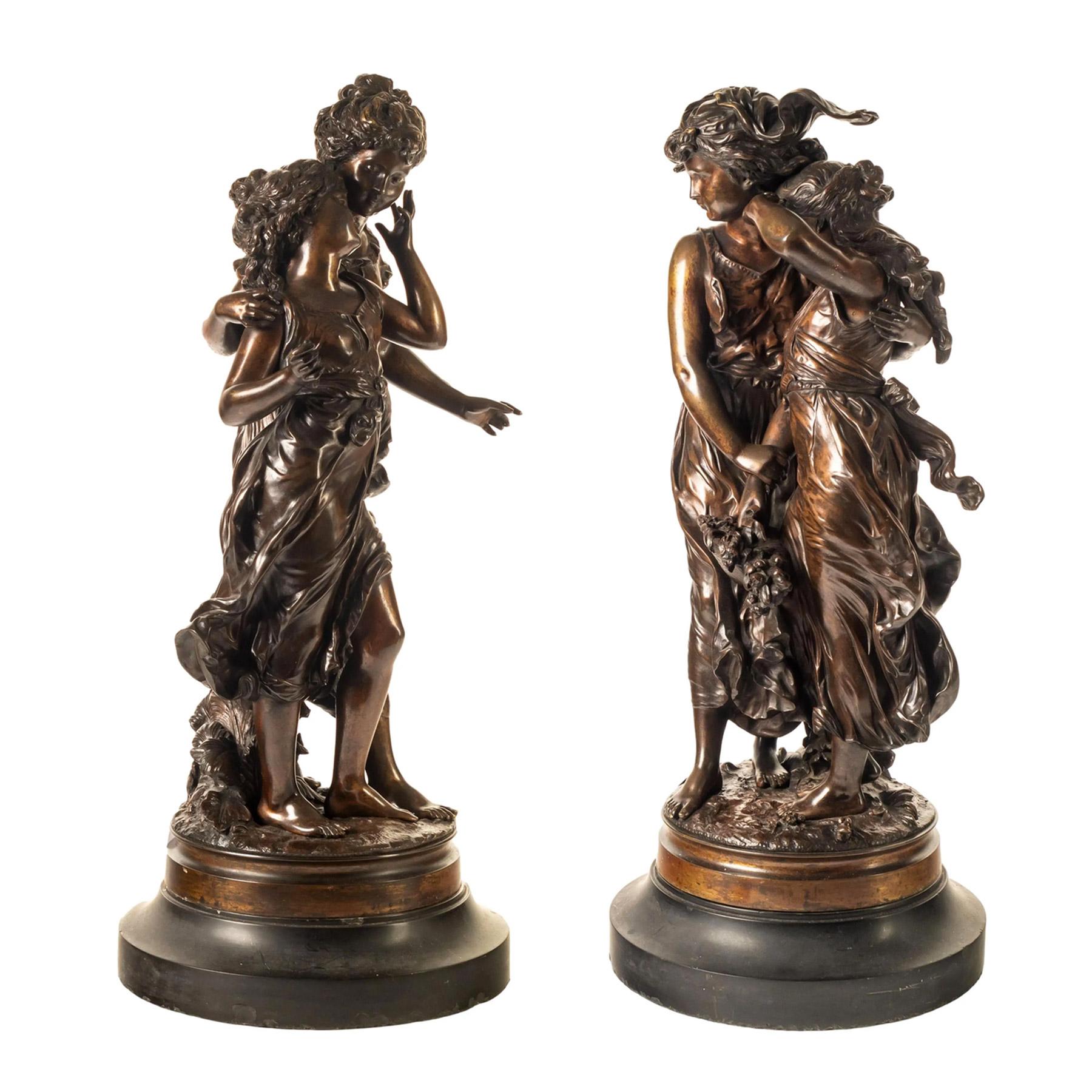The fine quality patinated bronze sculptures entitled ‘Eaves Dropping’ and ‘Consolation’ A pair of young women whispering to each other and a woman with a flower basket in hand, comforting a second female, on a rocky base. Signed on base.

Artist: