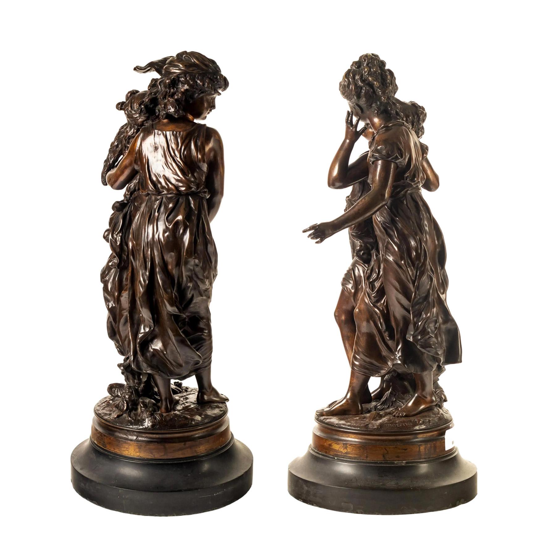 French Fine Pair of Patinated Bronze Sculptures by Hippolyte Moreau For Sale