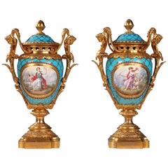 Pair of Gilded Bronze and Enameled "Sèvres" Porcelain Vases, France, Circa 1880