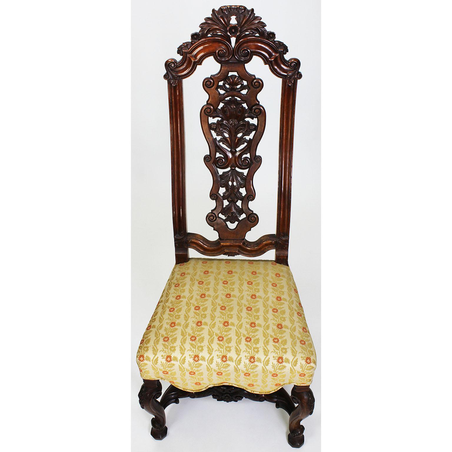 Baroque Revival Fine Pair of Portuguese 19th Century Carved Walnut High Back Side Chairs For Sale