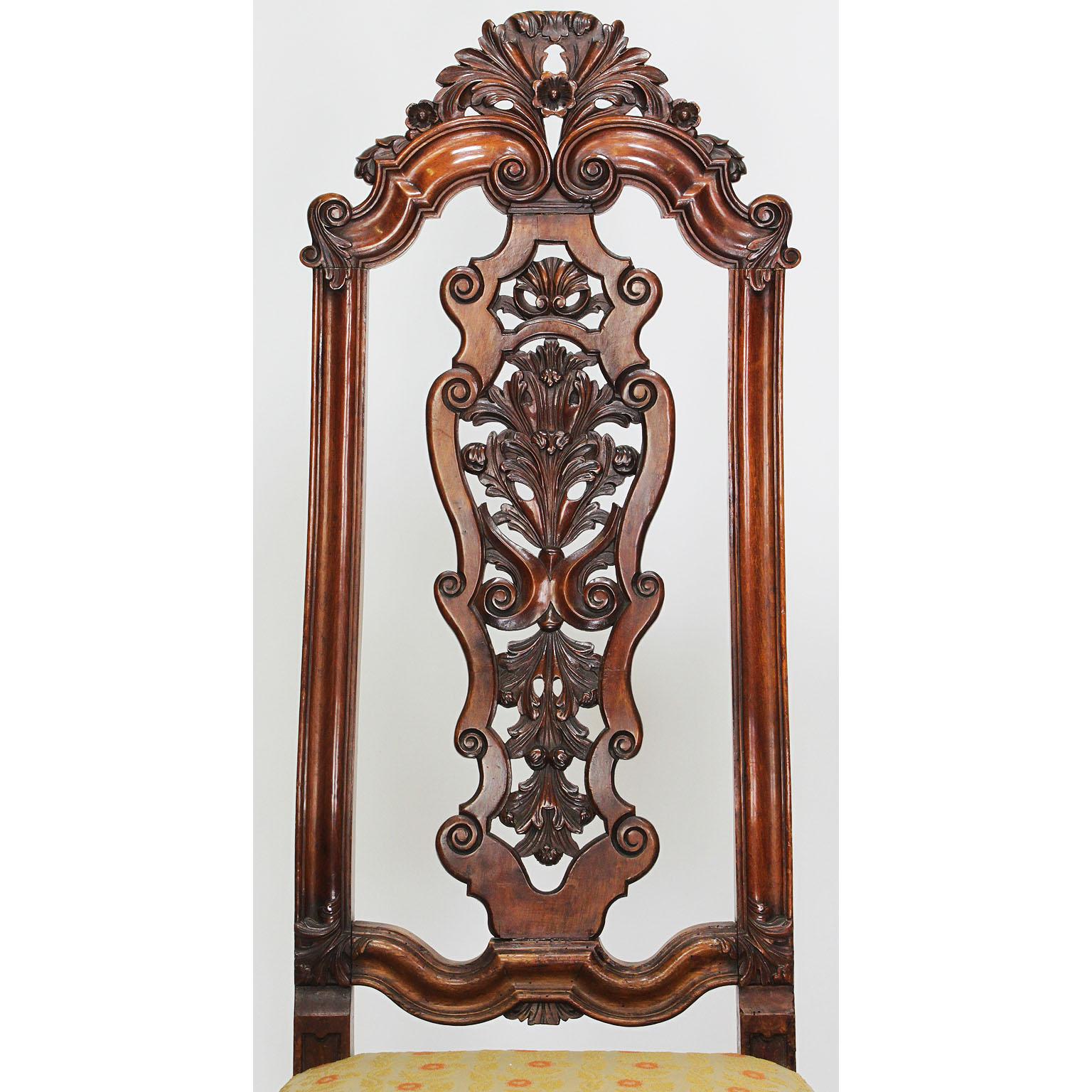Hand-Carved Fine Pair of Portuguese 19th Century Carved Walnut High Back Side Chairs For Sale