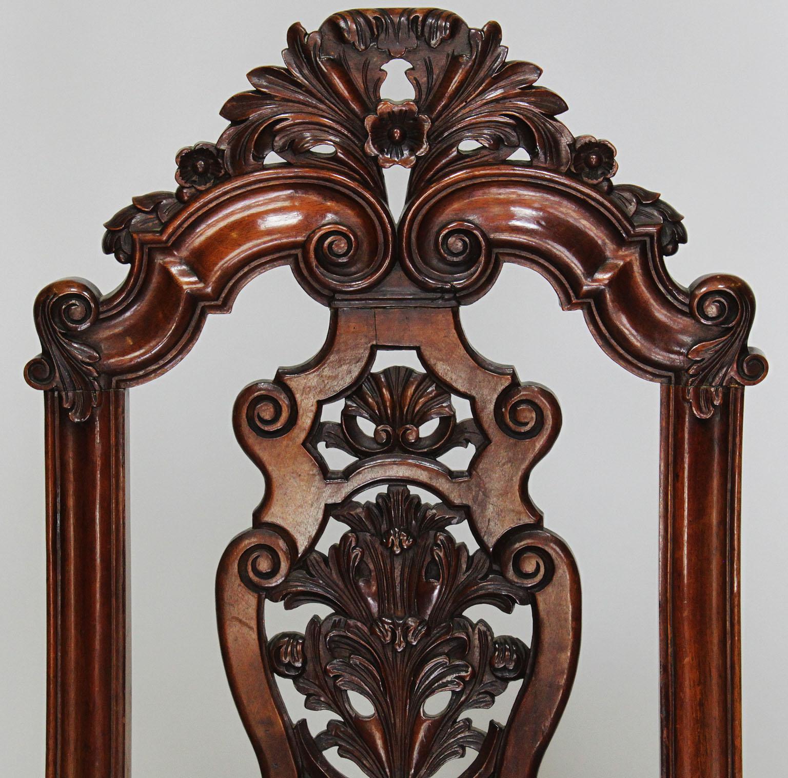 Fine Pair of Portuguese 19th Century Carved Walnut High Back Side Chairs In Fair Condition For Sale In Los Angeles, CA