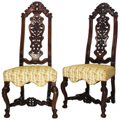 Antique Fine Pair of Portuguese 19th Century Carved Walnut High Back Side Chairs