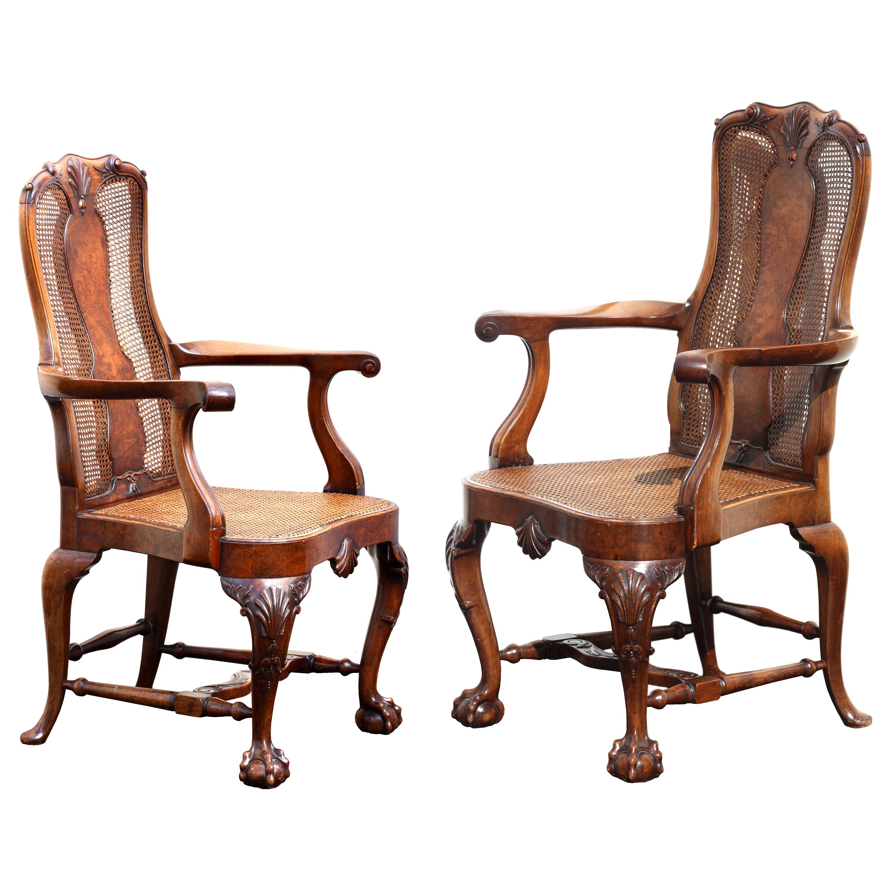 Fine Pair of Queen Anne Style Walnut Open Armchairs