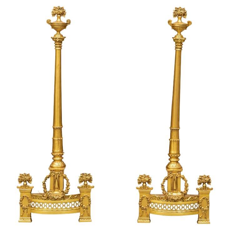 Fine Pair of Regency Style Dore Bronze Andirons with Floral Motifs For Sale