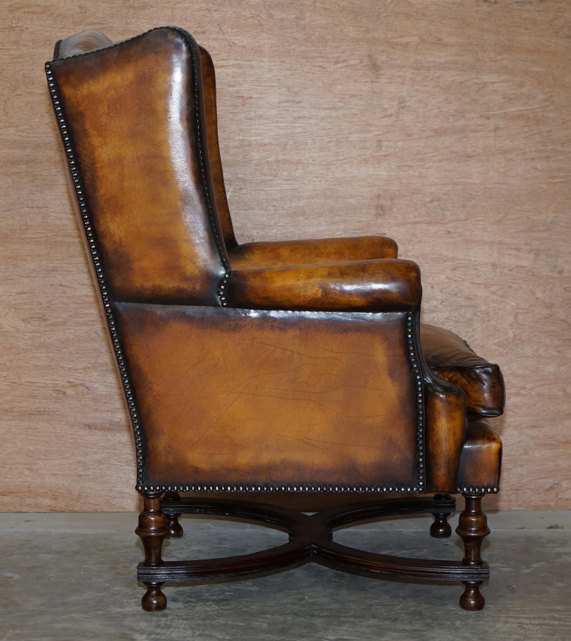 Fine Pair of Restored 1880 William & Mary Style Brown Leather Wingback Armchairs 5