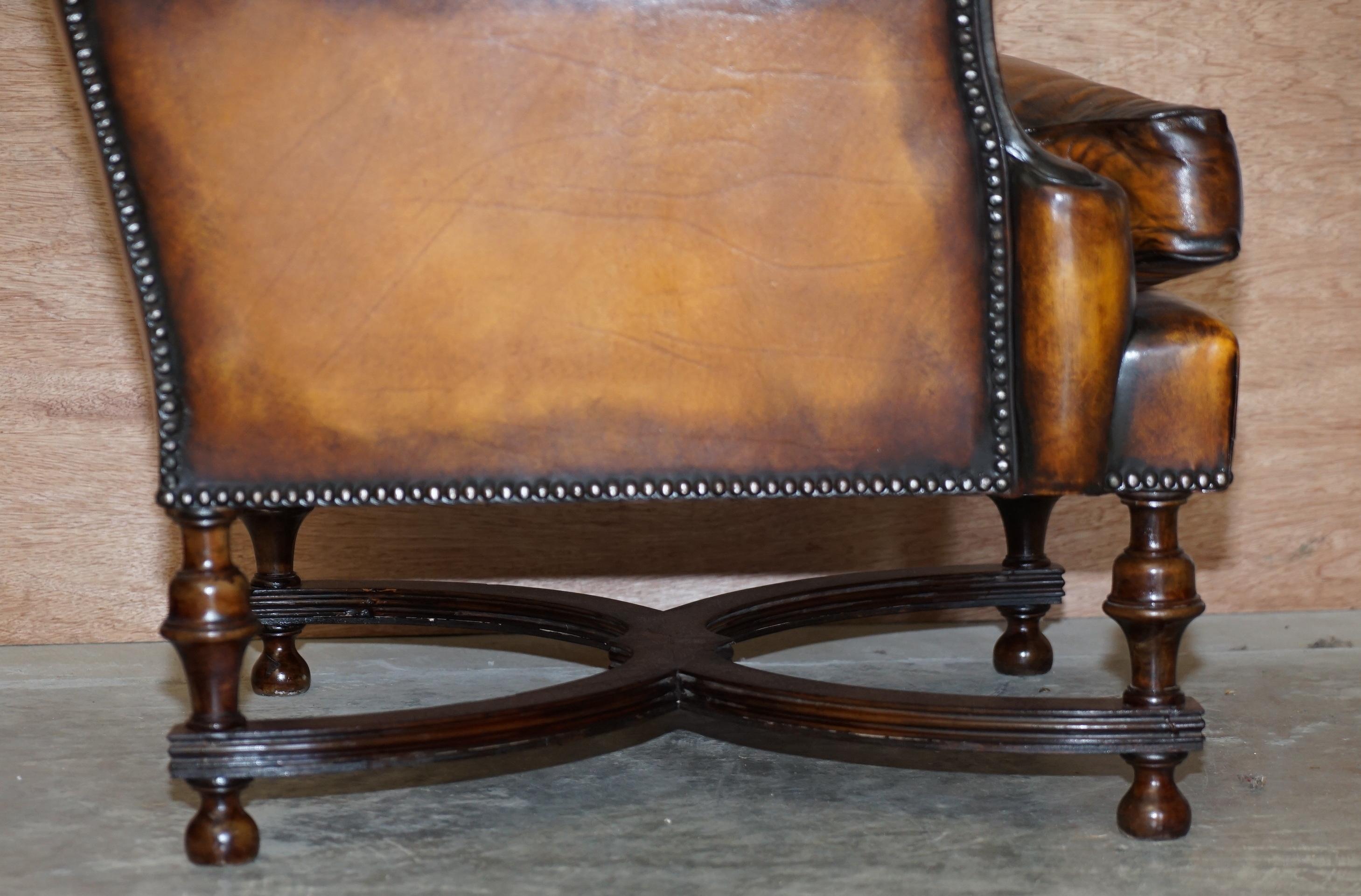Fine Pair of Restored 1880 William & Mary Style Brown Leather Wingback Armchairs 6