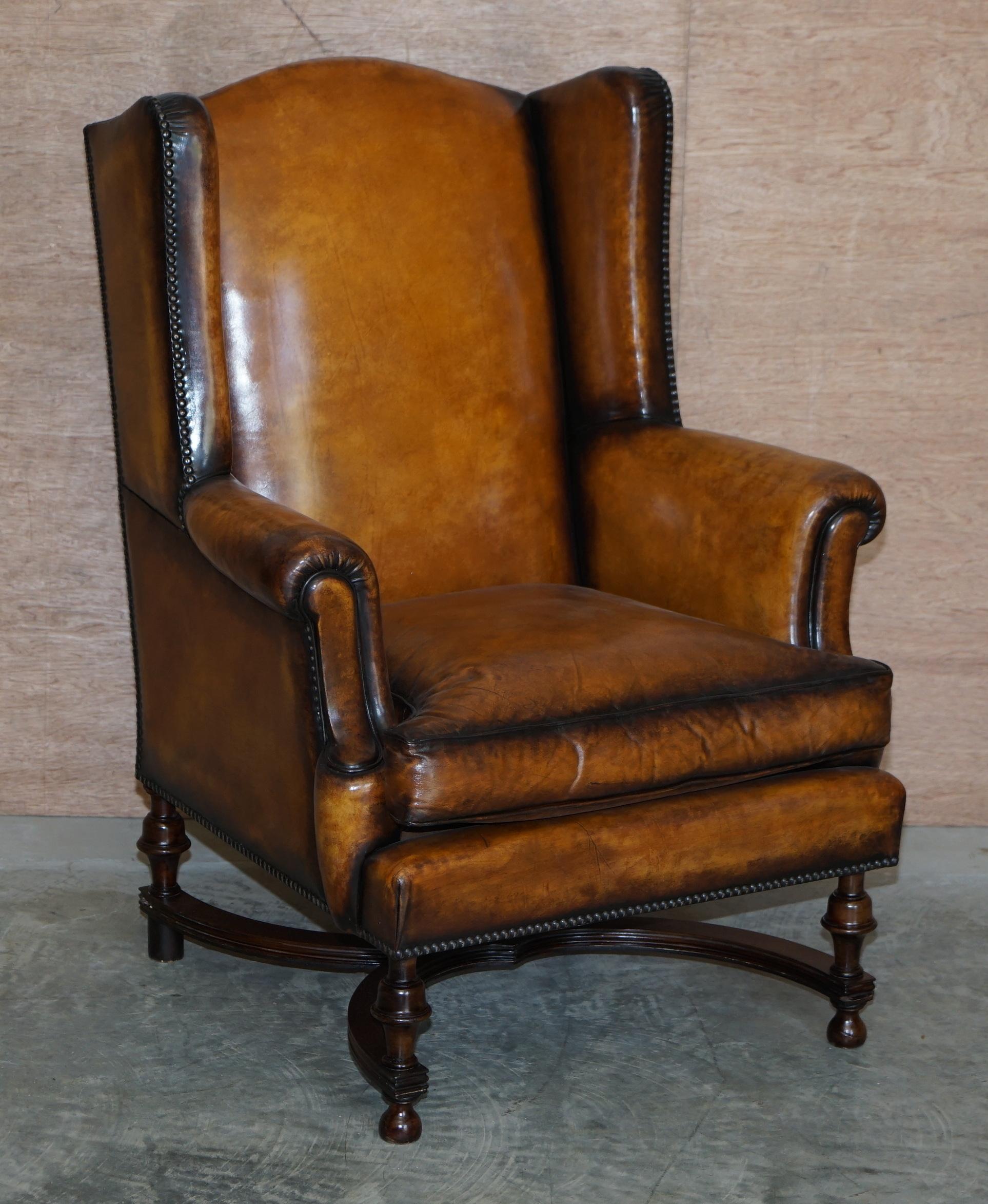 Fine Pair of Restored 1880 William & Mary Style Brown Leather Wingback Armchairs 8