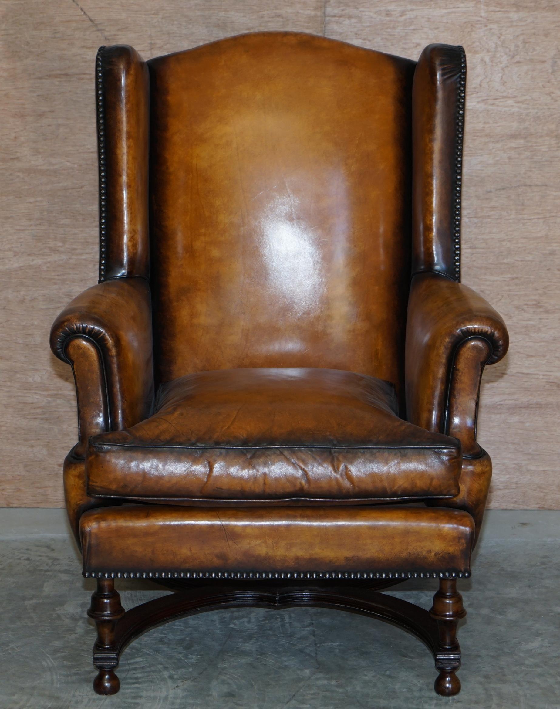 Fine Pair of Restored 1880 William & Mary Style Brown Leather Wingback Armchairs 9