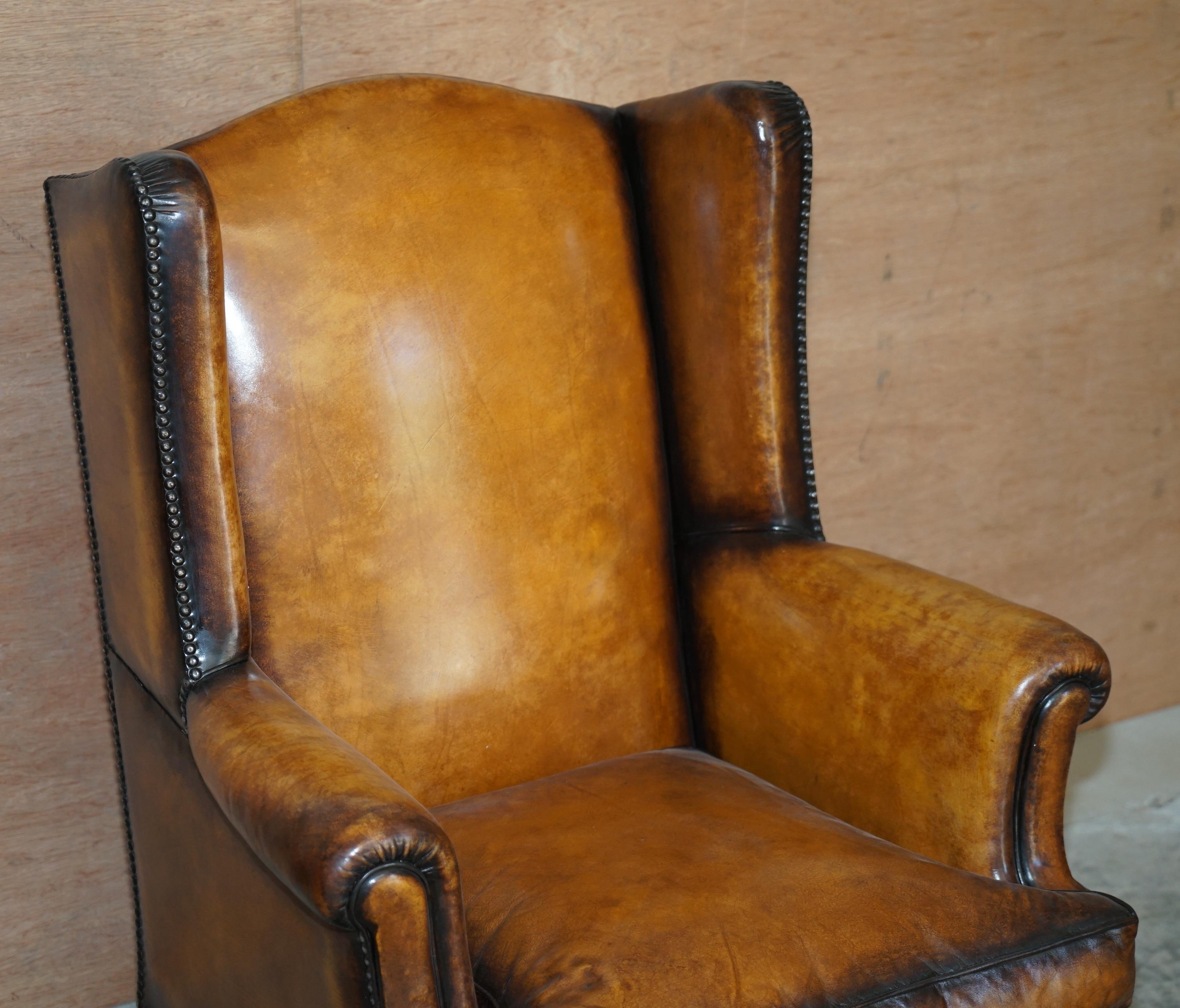 Fine Pair of Restored 1880 William & Mary Style Brown Leather Wingback Armchairs 10