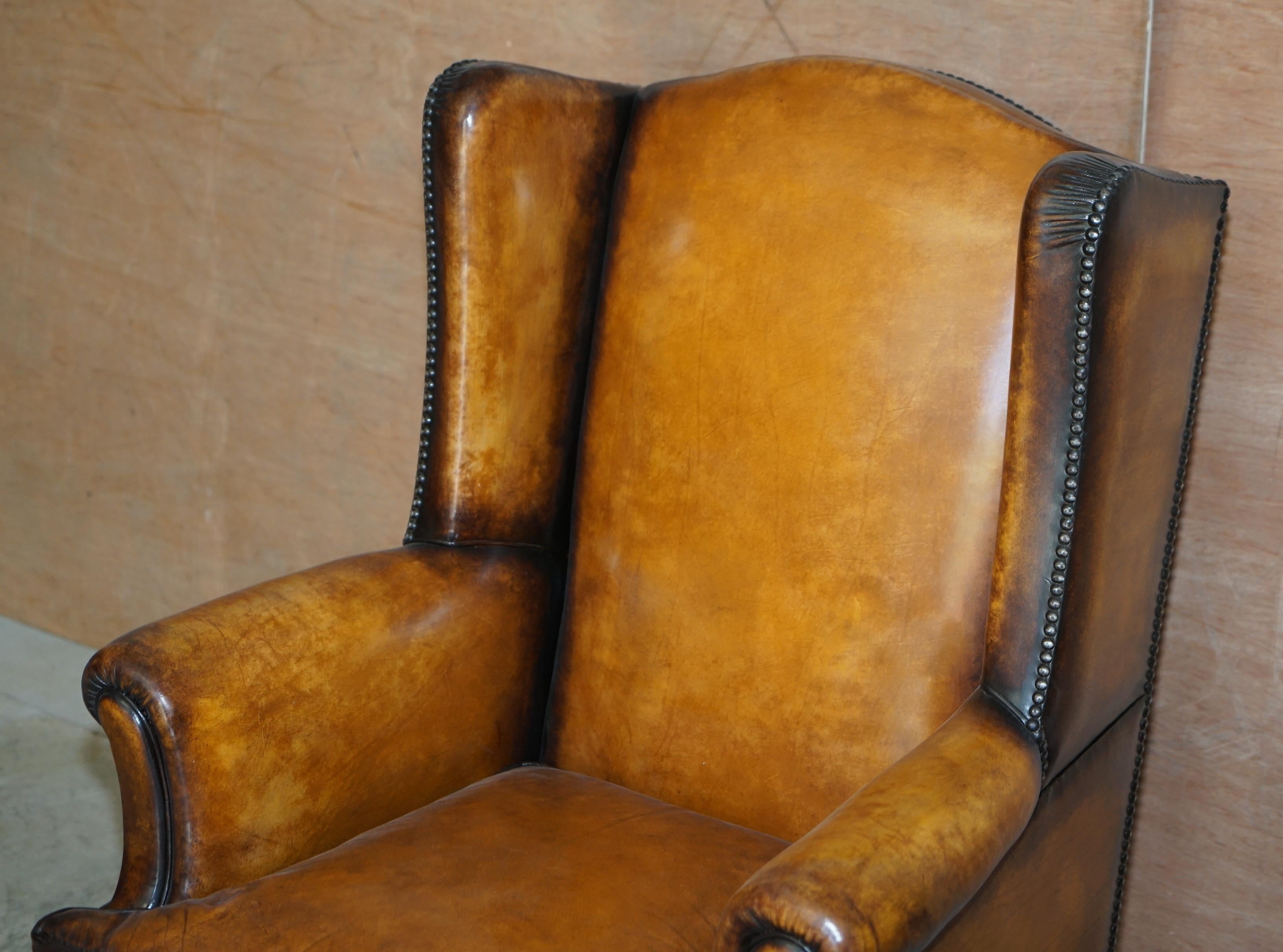 Fine Pair of Restored 1880 William & Mary Style Brown Leather Wingback Armchairs 11